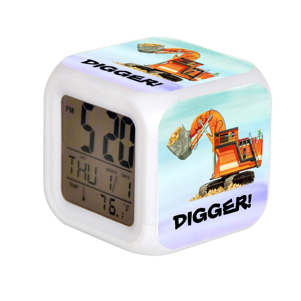 7 Color Changing LED Digital Alarm Clock with Night Light - Kids Bedroom Clock, Electronic Gift for Boys & Girls - Perfect for Bedtime, Reading & Playtime (Construction Truck Orange Digger Theme)
