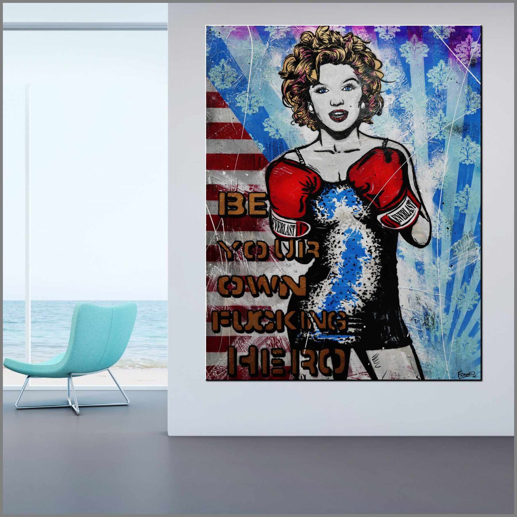 140cm x 180cm Marilyn Monroe Boxing Textured Urban Pop Art Canvas Painting - Modern Wall Decor for Living Room, Bedroom & Office