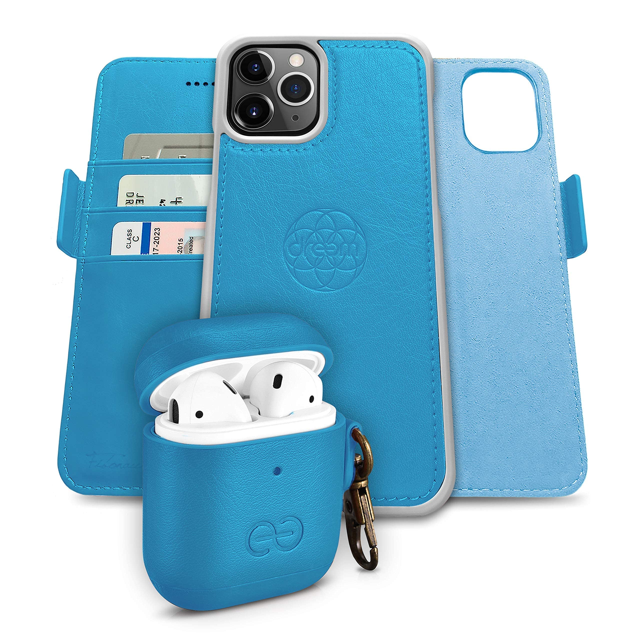 Fibonacci Wallet Case for iPhone 12 Pro Max with Om AirPods 1 & 2 Case Cover - Sky Blue | Slim RFID Blocking Phone Wallet | Perfect for Travel, Work & Everyday Use