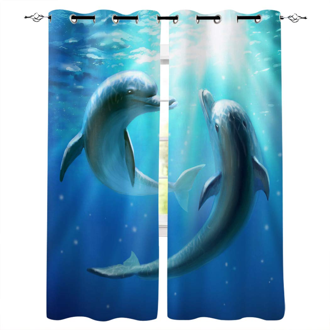 Blackout Thermal Insulated Window Curtains - 2 Panels Set (52x96 inches) Darkening Drapes for Bedroom, Blue Ocean Dolphin Couple Design - Perfect for Romantic Decor & Sunlight Blocking