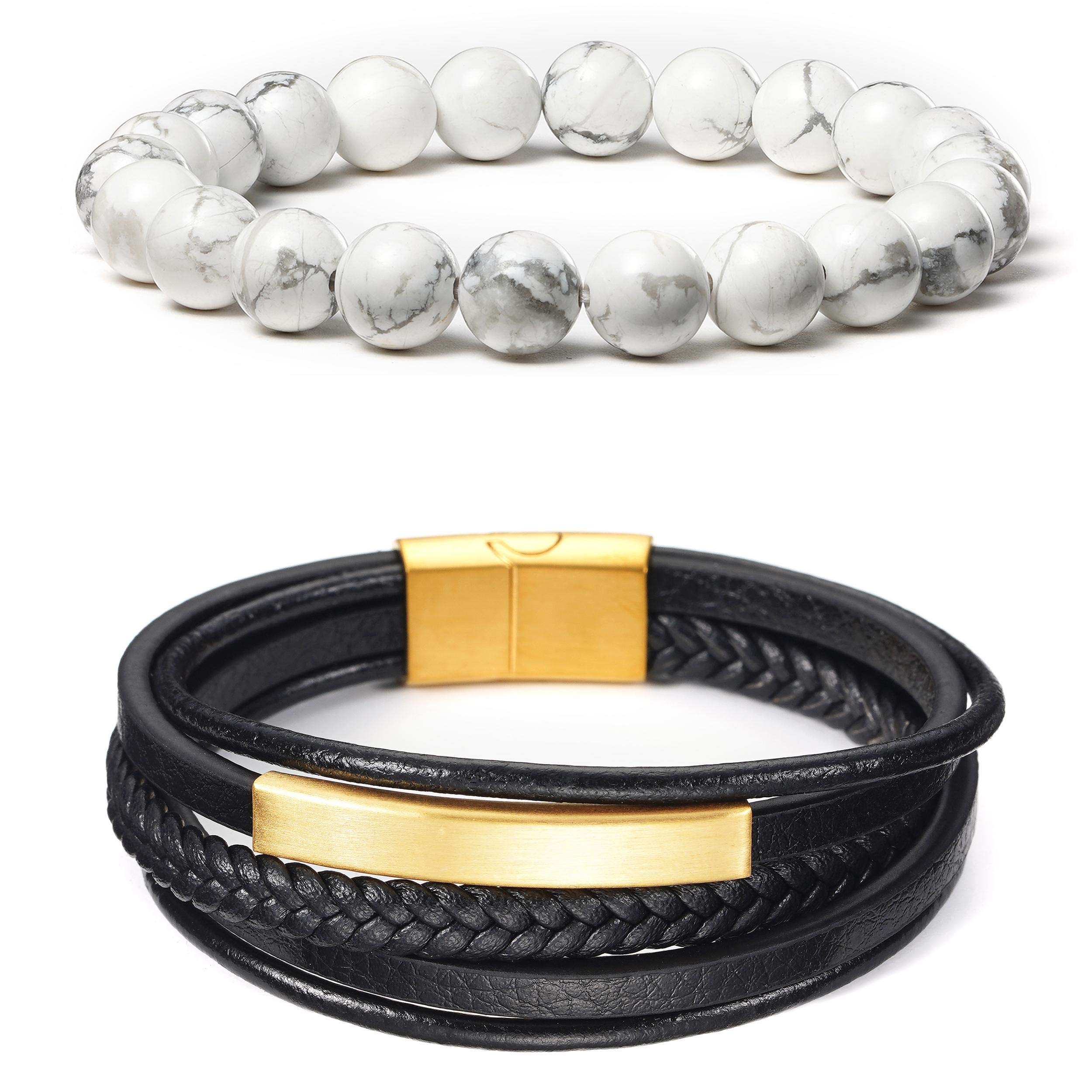 BINLUN 2Pcs Men's Black Braided Leather Bracelet Set with Magnetic Clasp & White Turquoise Healing Beads - Stylish Woven Leather Bracelets for Casual Wear, Gifts, and Spiritual Healing