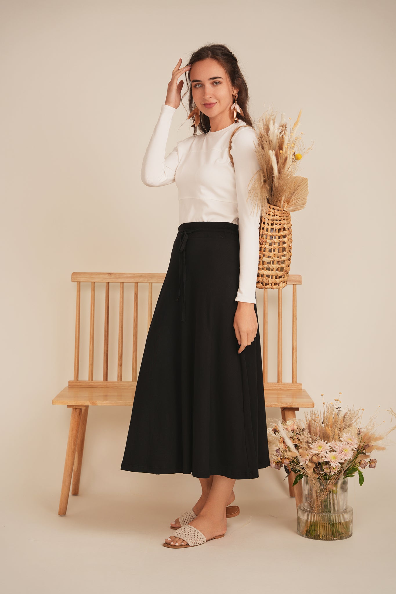 Stylish Ribbed Midi Drawstring A-Line Skirt for Women | Trendy High Waist Flared Skirt | Perfect for Casual Outfits, Office Wear & Date Nights