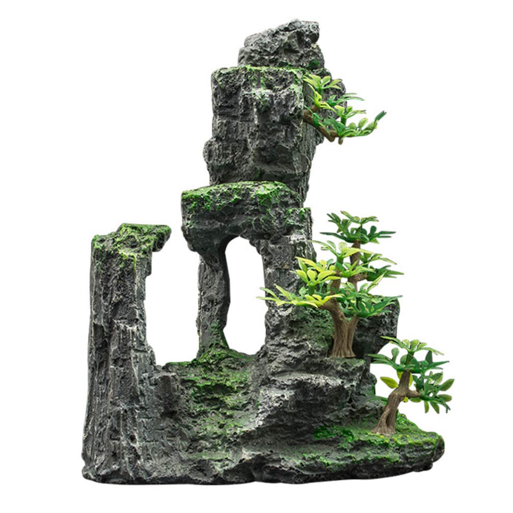 Natural Resin Mountain Aquarium Decoration - Fish Tank Rock Cave Hideout for Betta Fish, Micro Landscape Stone Ornament | Perfect for Aquascaping, Betta Fish Tanks & Aquatic Terrariums (Green)