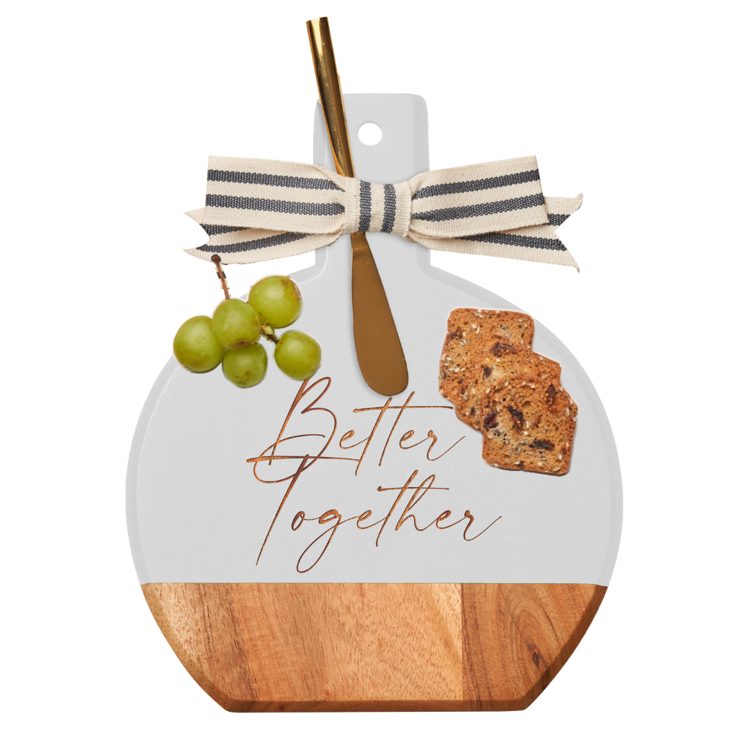 Acacia Wood Bevel Board with Ribbon & Gold Spreader Knife - 9.75 x 8 Inch Wedding Cake Cutting Set - Perfect for Anniversary, Bridal Shower & Special Occasion Celebrations