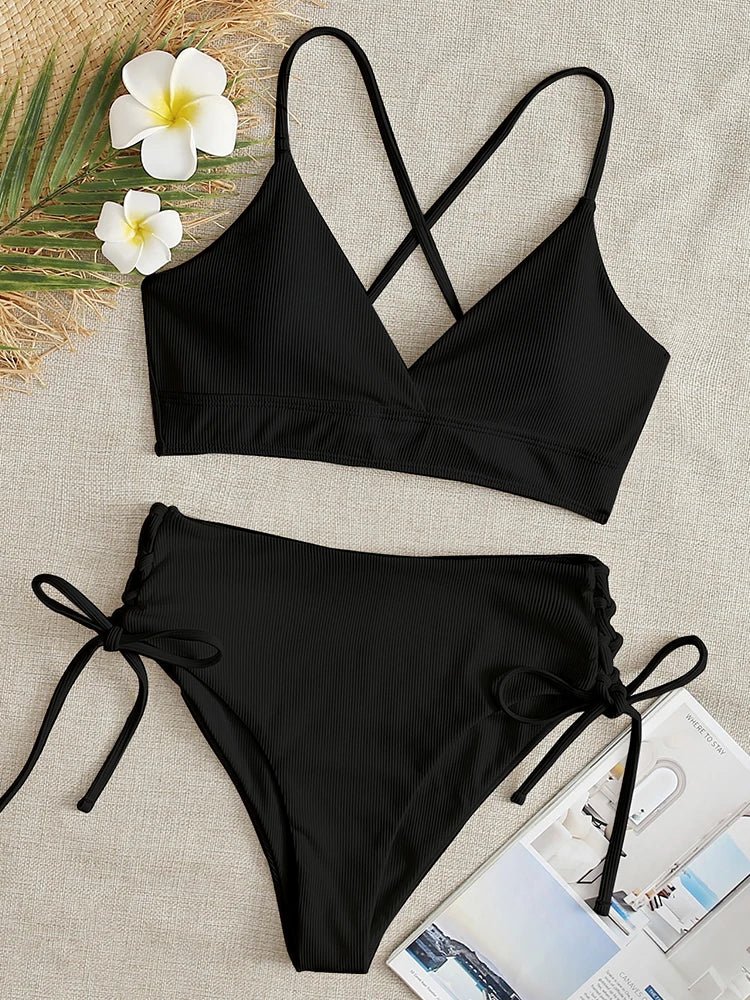 Women's High Waist Bikini Set - Solid Black Brazilian Two Piece Swimsuit with Lace Up Detail | Summer Beach Swimwear for Women | Perfect for Pool Parties, Vacations & Tropical Getaways