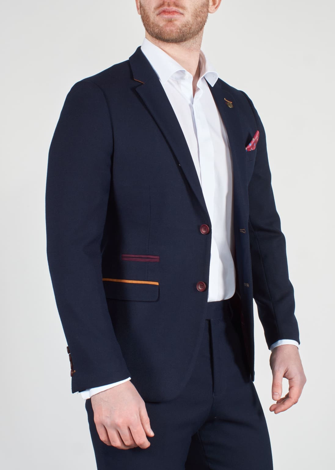 Marc Darcy JD4 Men's Navy Blue Contrast Trim Slim Fit Blazer Jacket - Formal Business Attire for Office, Wedding & Special Occasions