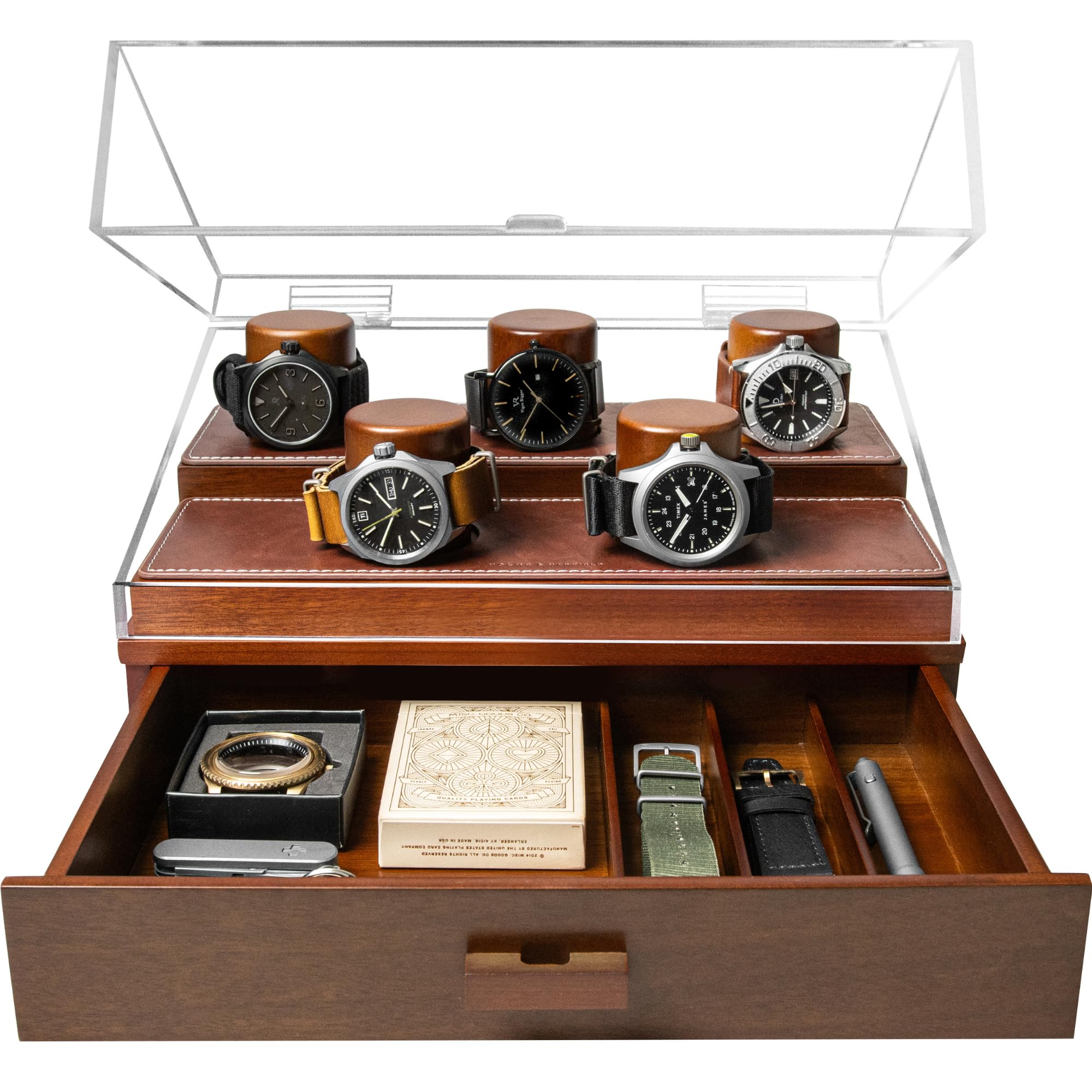 Premium Wooden Watch Display Case for Men - The Curator Pro Holds 5 Watches with Easy Access, Large Drawer & Leather Lining - Luxury Watch Box Organizer for Collectors - Perfect for Home, Office or Travel - Lifetime Warranty