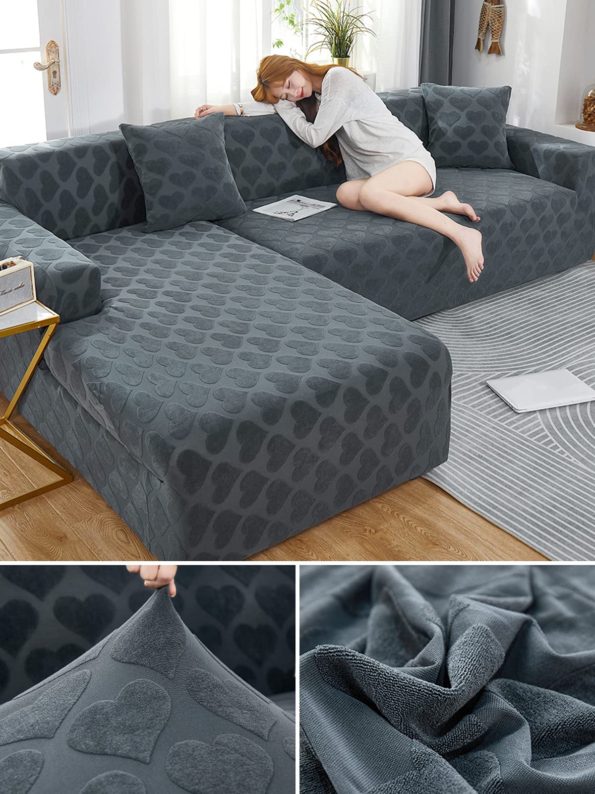 Premium Jacquard Solid Color Sofa Cover - 3 Seater (74-9 Inch) | Elastic Bottom, Anti-Slip Furniture Protector | Stain & Pet Resistant Slipcover for Living Room, Family Home with Kids & Dogs
