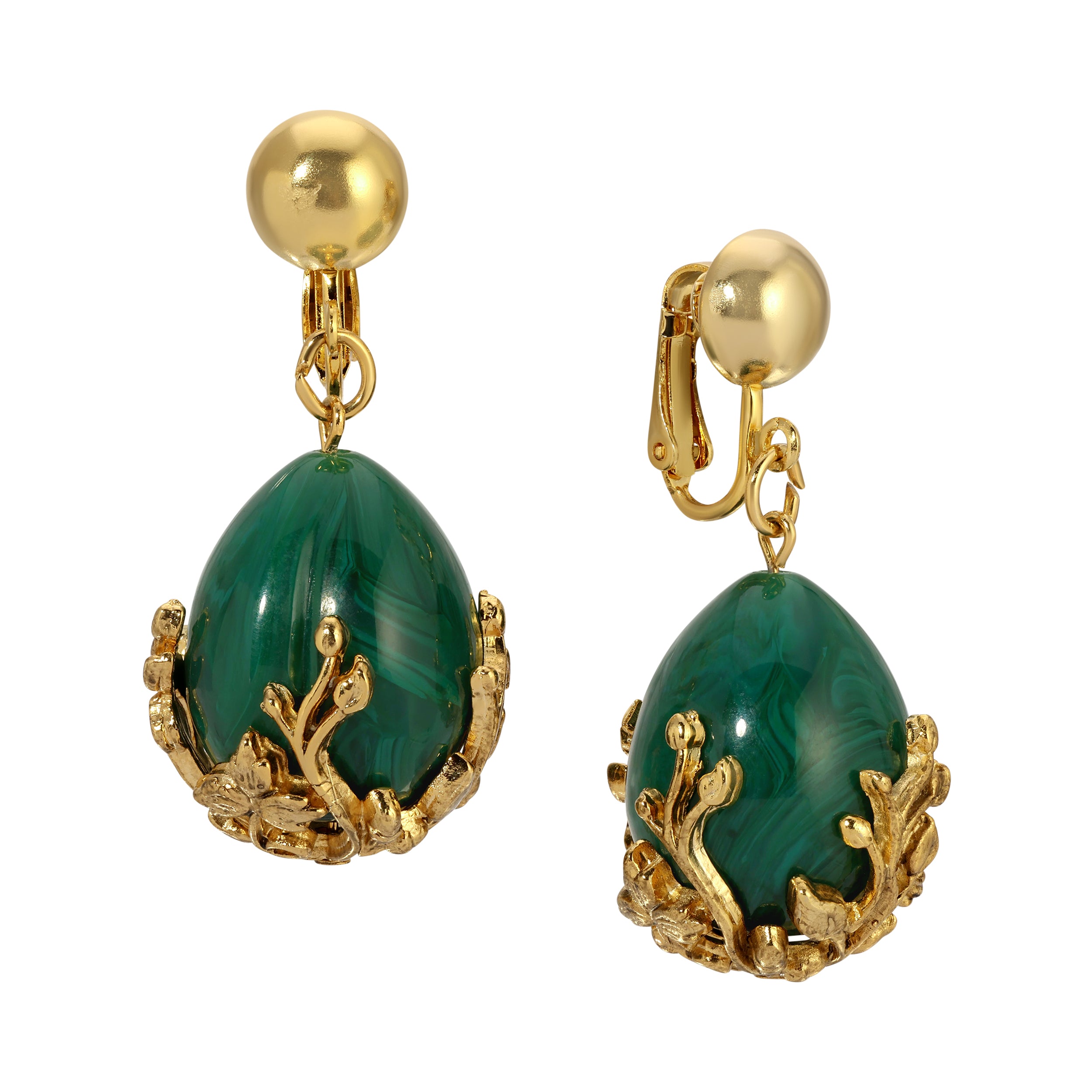 1928 Golden Bloom Teardrop Clip On Earrings with Marble Green Stone - Vintage Style Dangle Earrings for Women, Perfect for Parties, Weddings & Special Occasions