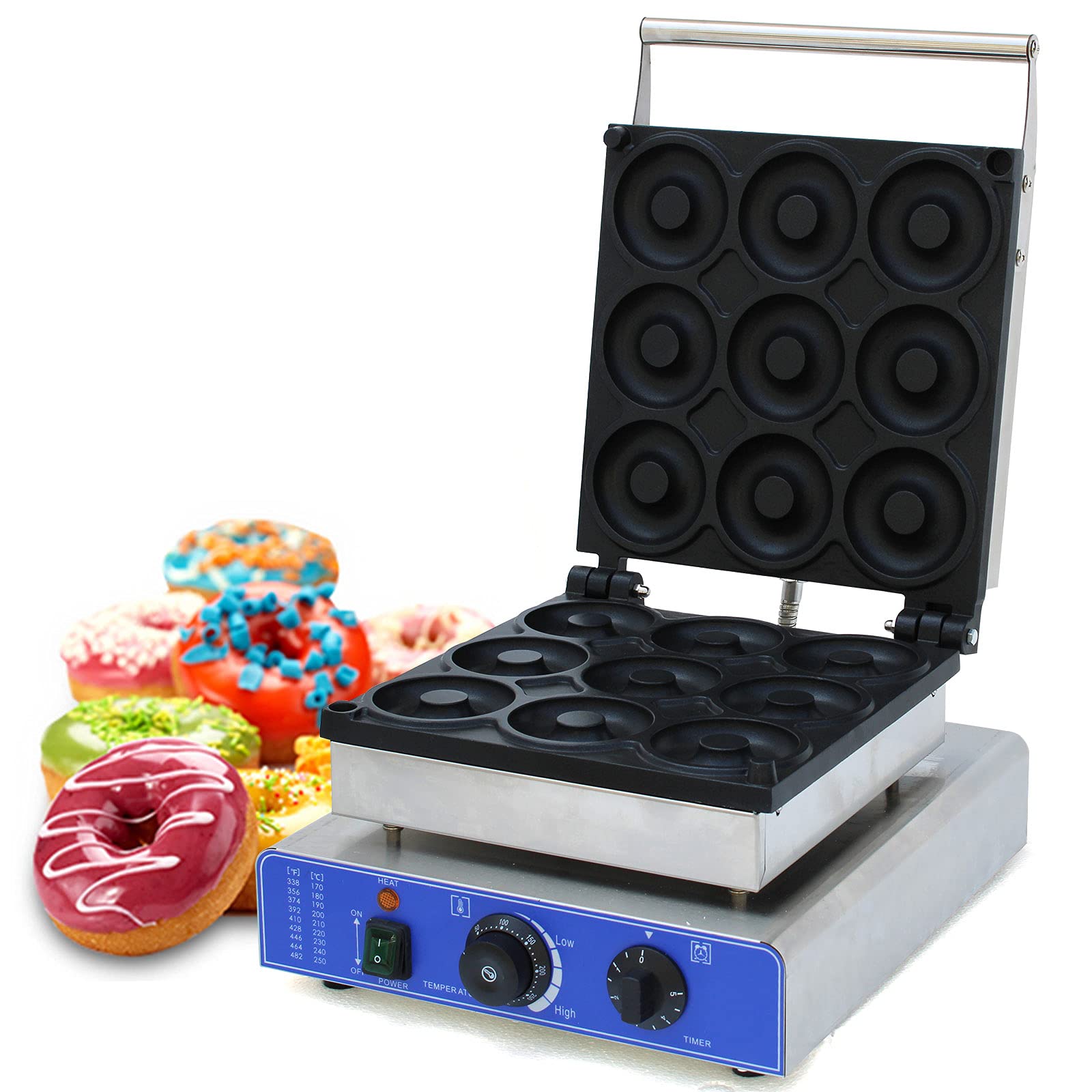 110V 1800W Commercial Electric Donut Maker - 9 Hole Non-Stick Waffle Doughnut Baker Machine for Large Donuts - Perfect for Bakeries, Cafes, and Home Breakfast Cooking