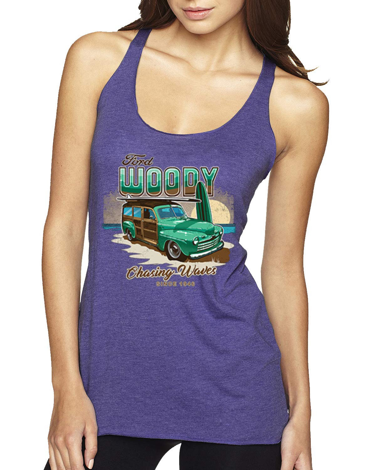 Vintage 1946 Ford Woody Chasing Waves Cars & Trucks Tri-Blend Racerback Tank Top - Retro Beachwear & Summer Casual Style for Car Enthusiasts