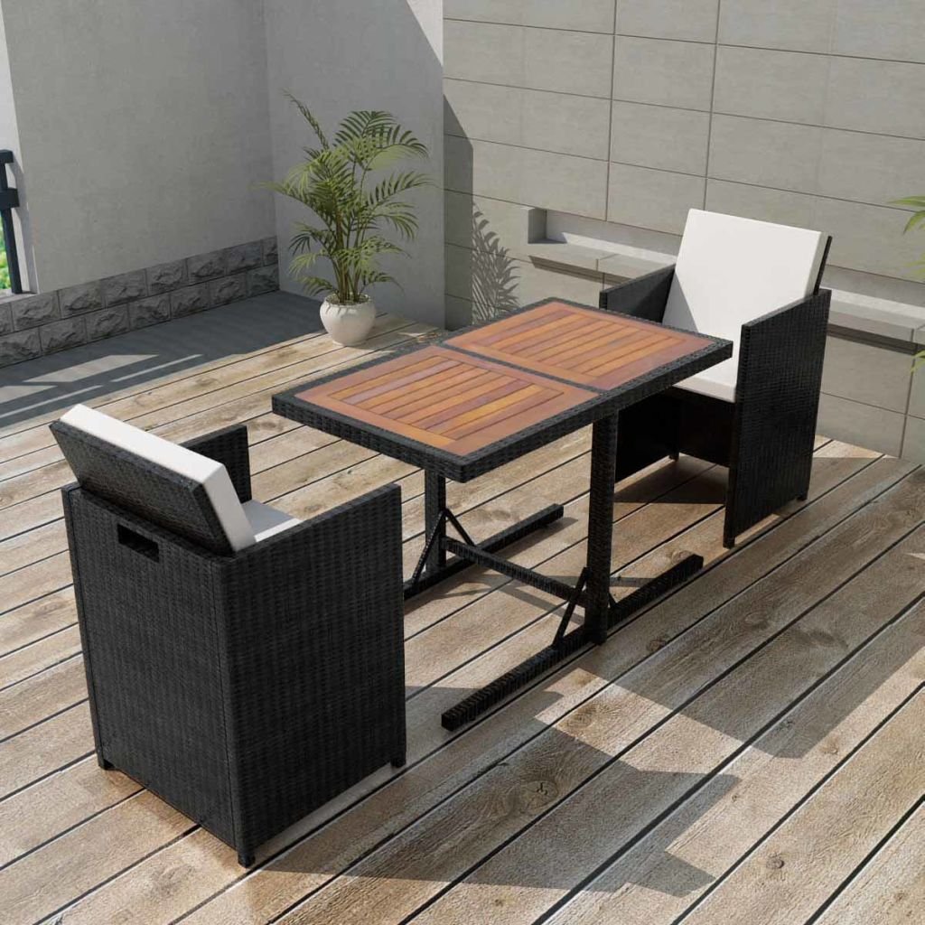 vidaXL 3-Piece Black Poly Rattan Bistro Set with Glass Tabletop - Weather-Resistant Patio Dining Table & Folding Chairs for Indoor/Outdoor Use - Perfect for Garden, Balcony, and Backyard Relaxation