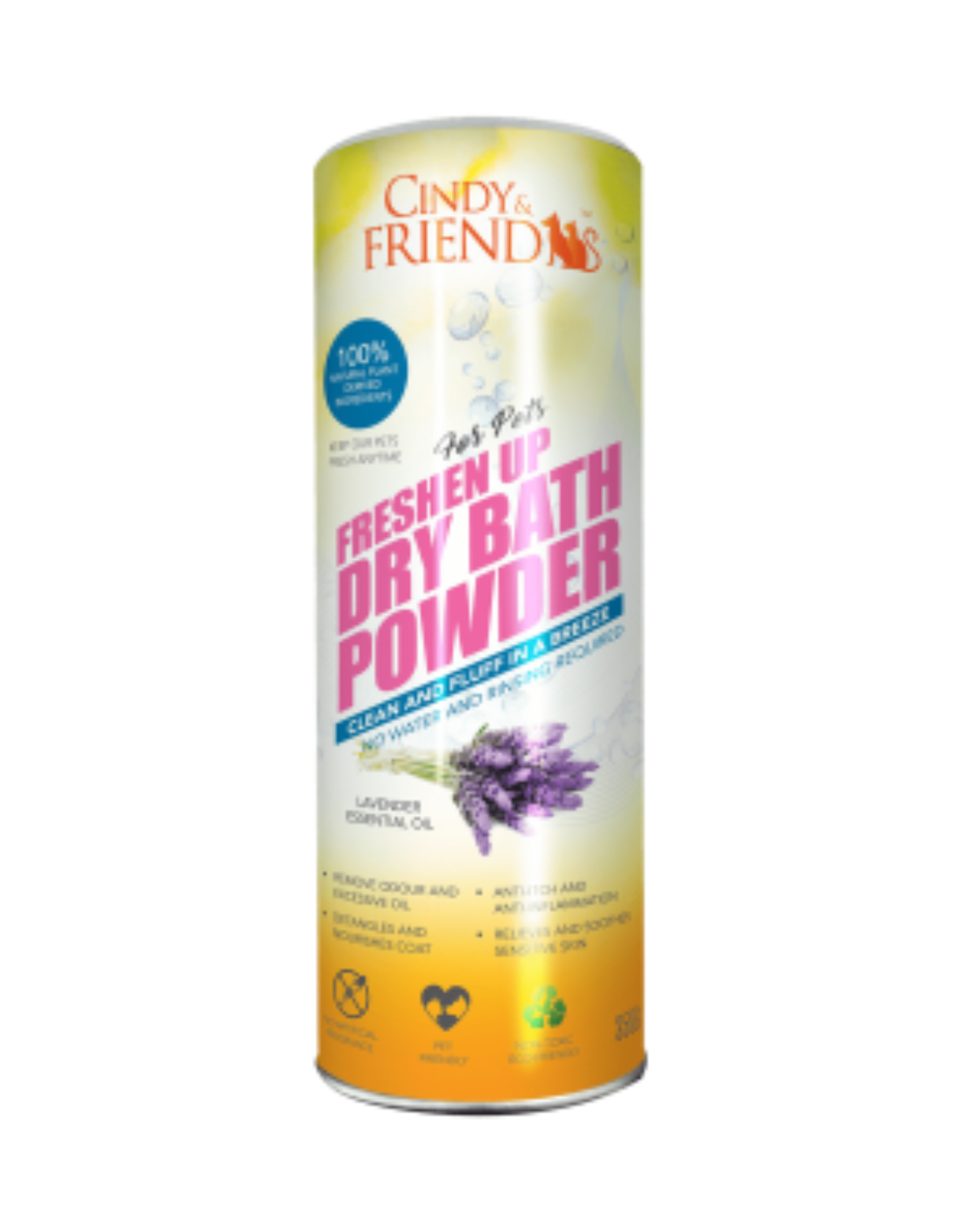 Cindy & Friends Lavender Dry Bath Powder for Dogs & Cats - 350g | Waterless Shampoo for Quick Cleaning, Odor Control & Fresh Scent | Perfect for Travel, Grooming & Between Baths