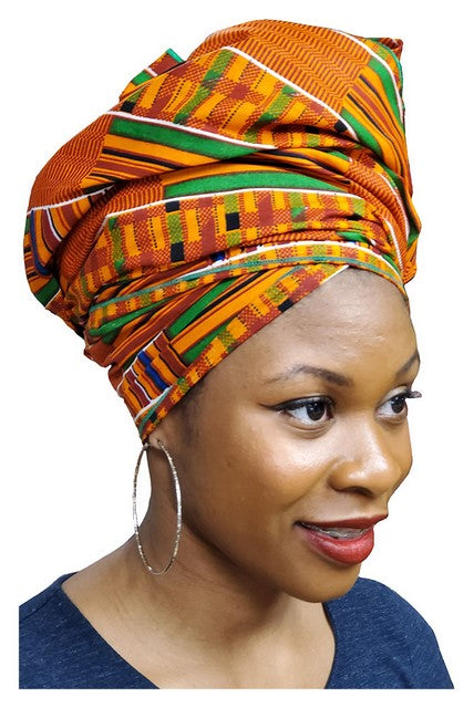 Authentic Kente Print Head Wrap with Green Trim - African Style Hair Accessory for Women | Perfect for Weddings, Parties & Cultural Events