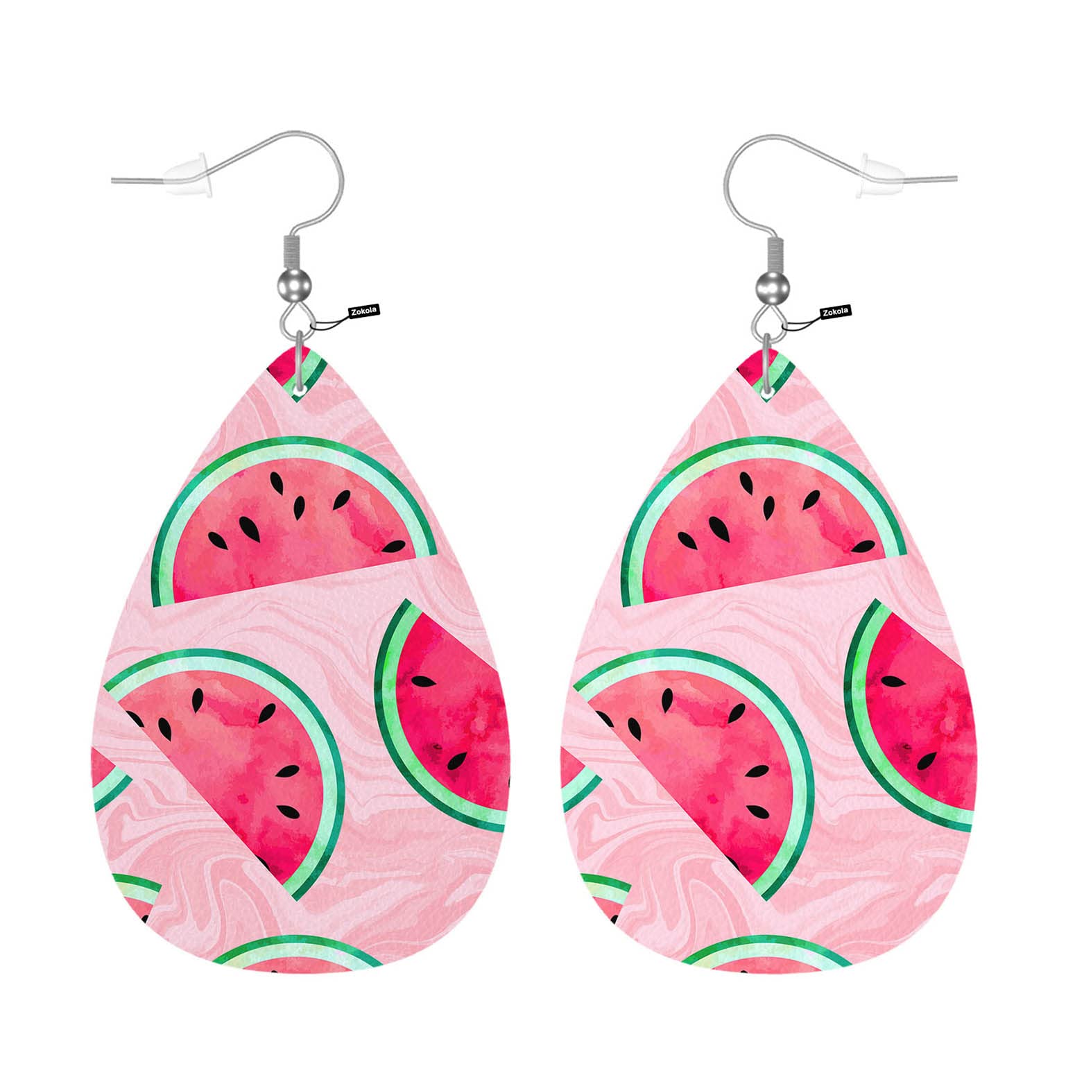 Zokola Watermelon Leather Drop Earrings Set - Pink Marble Fruity Dangle Earrings for Women | Lightweight Teardrop Wedding Jewelry | Perfect for Bridal Shower, Summer Parties & Casual Outfits