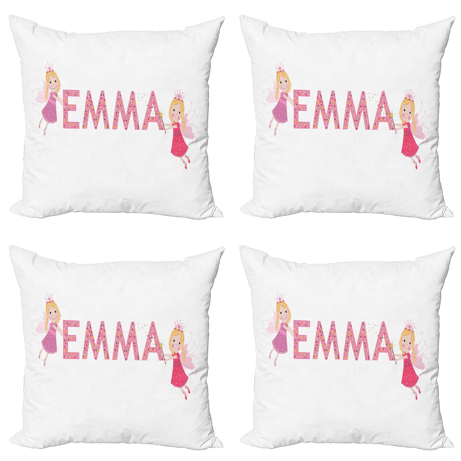 Ambesonne Emma Decorative Throw Pillow Covers Pack of 4, Cartoon Style Polka Dot Design with Popular Girl Name, 24 Inch Square Cushion Covers for Sofa, Bed, Living Room, Car - Perfect for Home Decor, Gifts, and Cozy Comfort