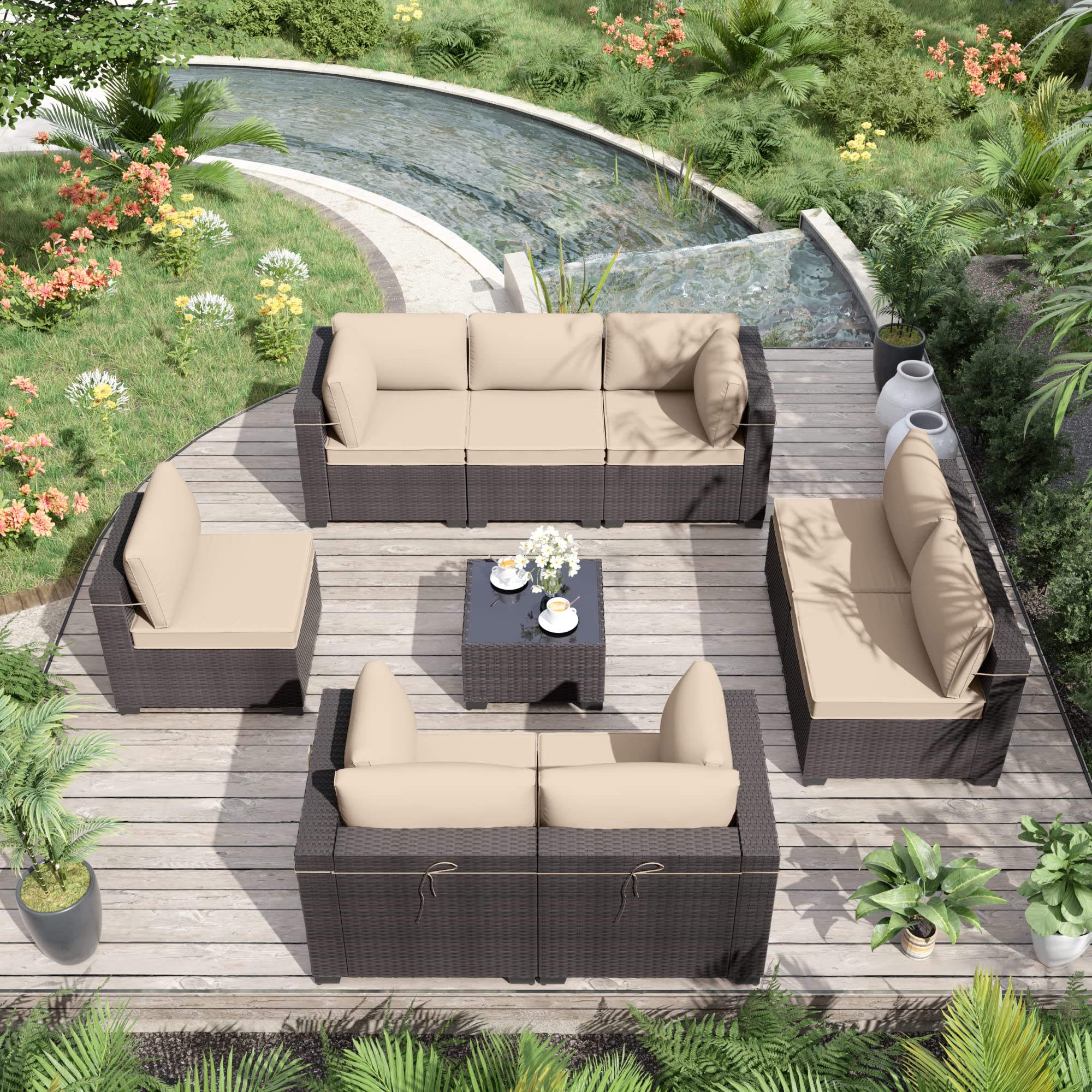 9-Piece Brown PE Rattan Outdoor Patio Furniture Set with Sectional Sofa, 8 Sand Cushions & Coffee Table - Perfect for Backyard, Garden, Poolside & Deck Relaxation
