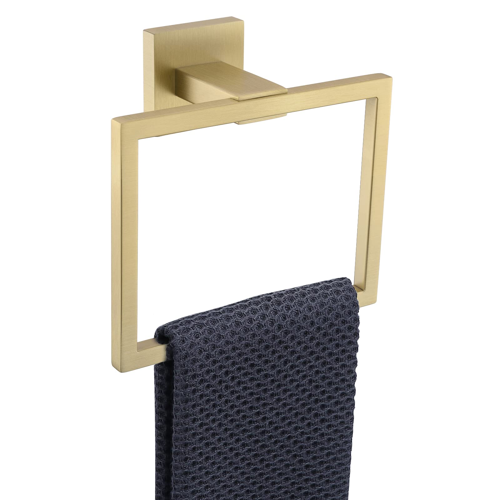 Brushed Gold Towel Ring - Stainless Steel Square Bathroom Hand Towel Holder - Wall Mounted Towel Bar Hanger for Modern & Luxury Bathroom Decor