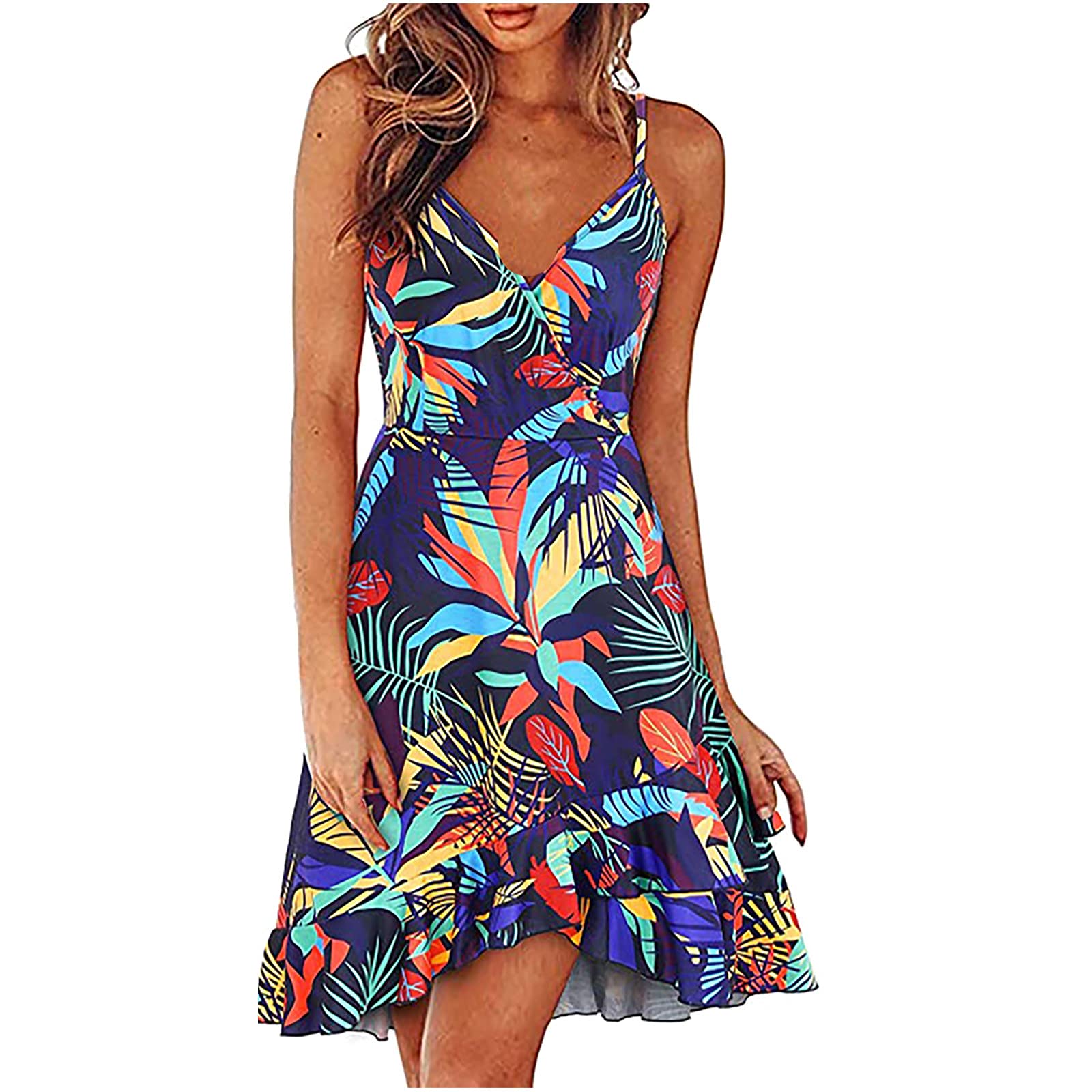 Women's Sleeveless V-Neck Floral Sling Dress with Ruffle Hem - Casual Summer Sundress for Beach, Vacation & Holiday Wear (Multicolor, Large)
