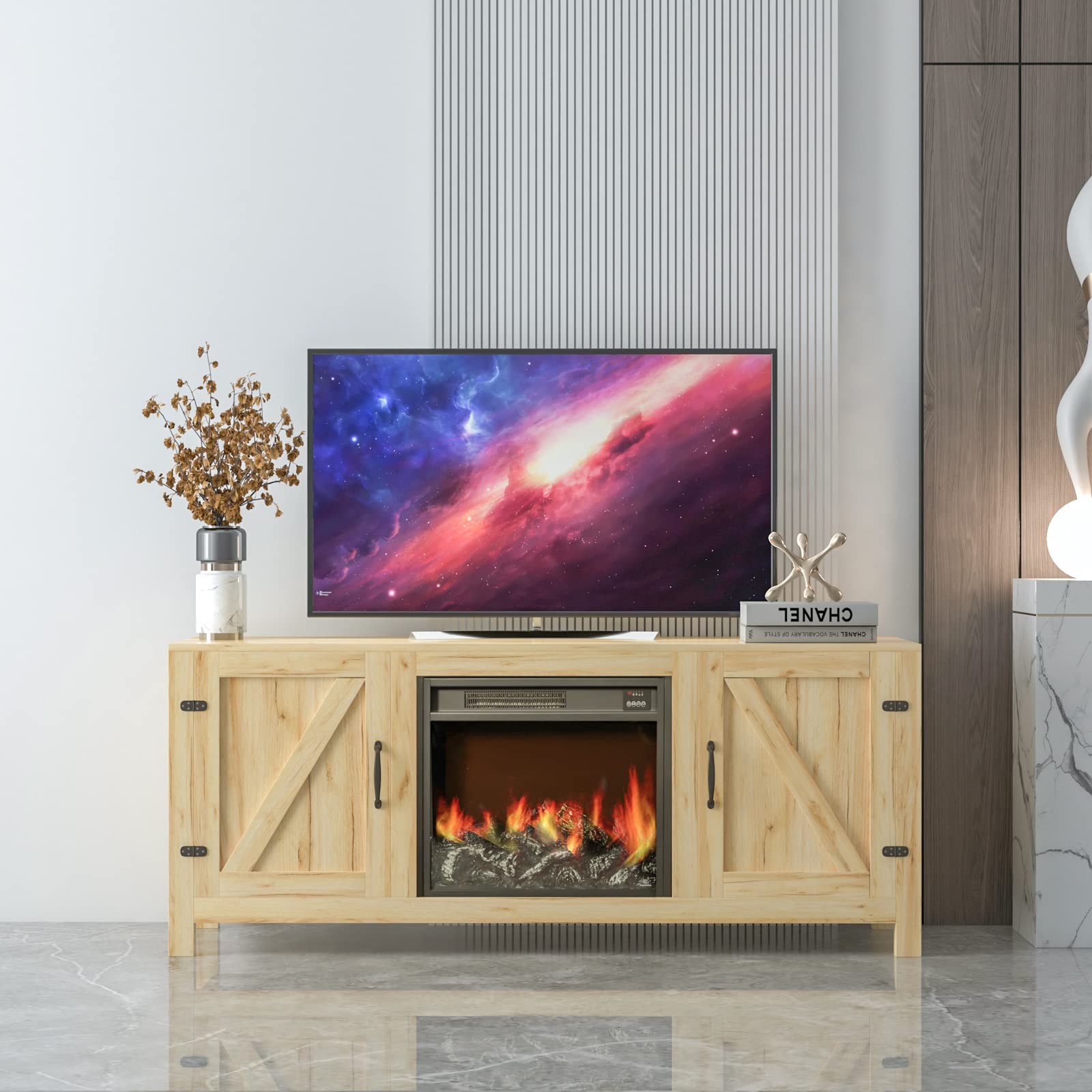 Farmhouse TV Stand with Fireplace - Rustic Oak Wood Entertainment Center & Media Console with Storage - Perfect for Living Room, Bedroom, or Home Theater Setup