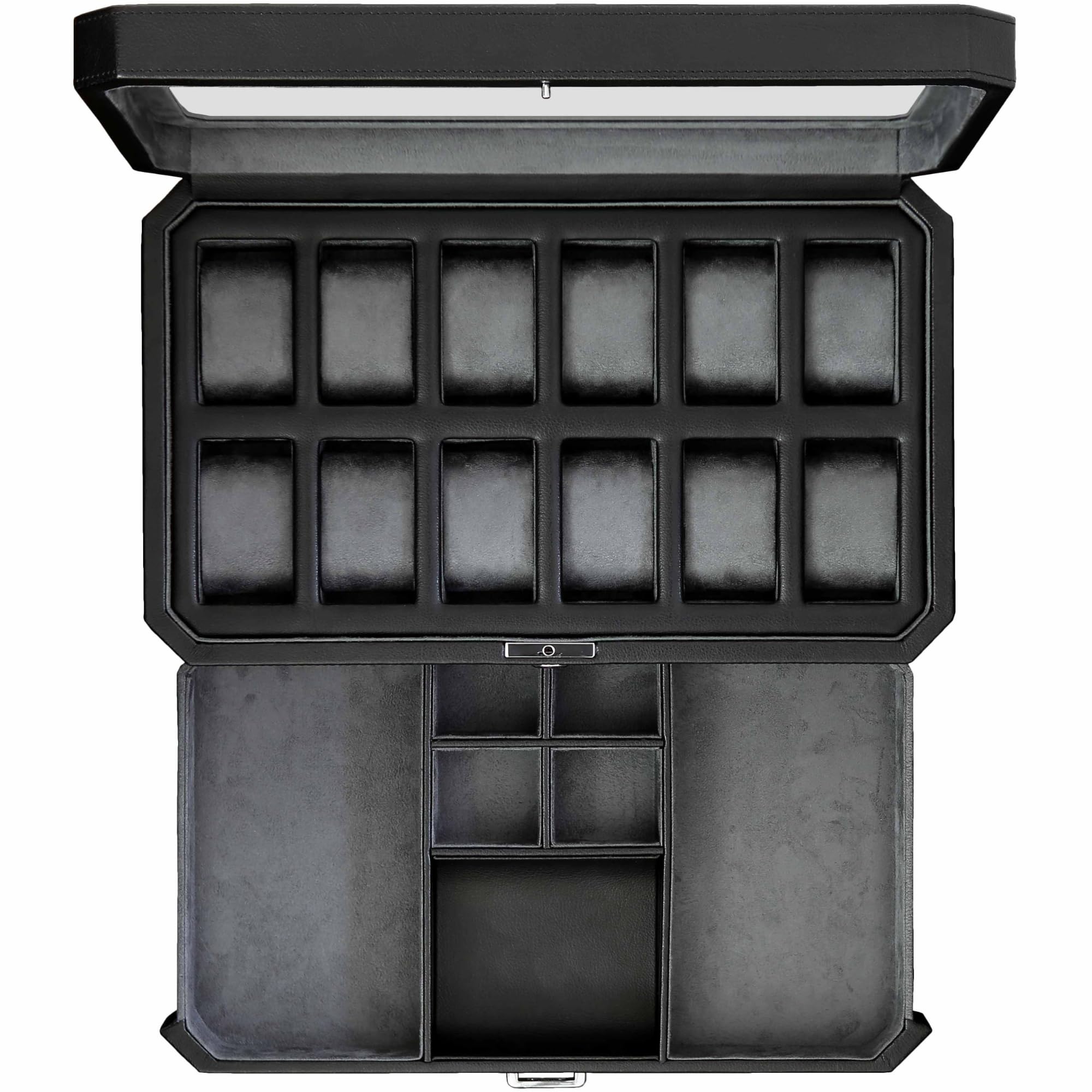 ROTHWELL 12-Slot Leather Watch Box with Valet Drawer - Luxury Watch & Jewelry Organizer Case with Microsuede Liner, Locking Storage for Men, Large Glass Top Display (Black/Grey) - Perfect for Watch Collectors, Travel & Home Decor