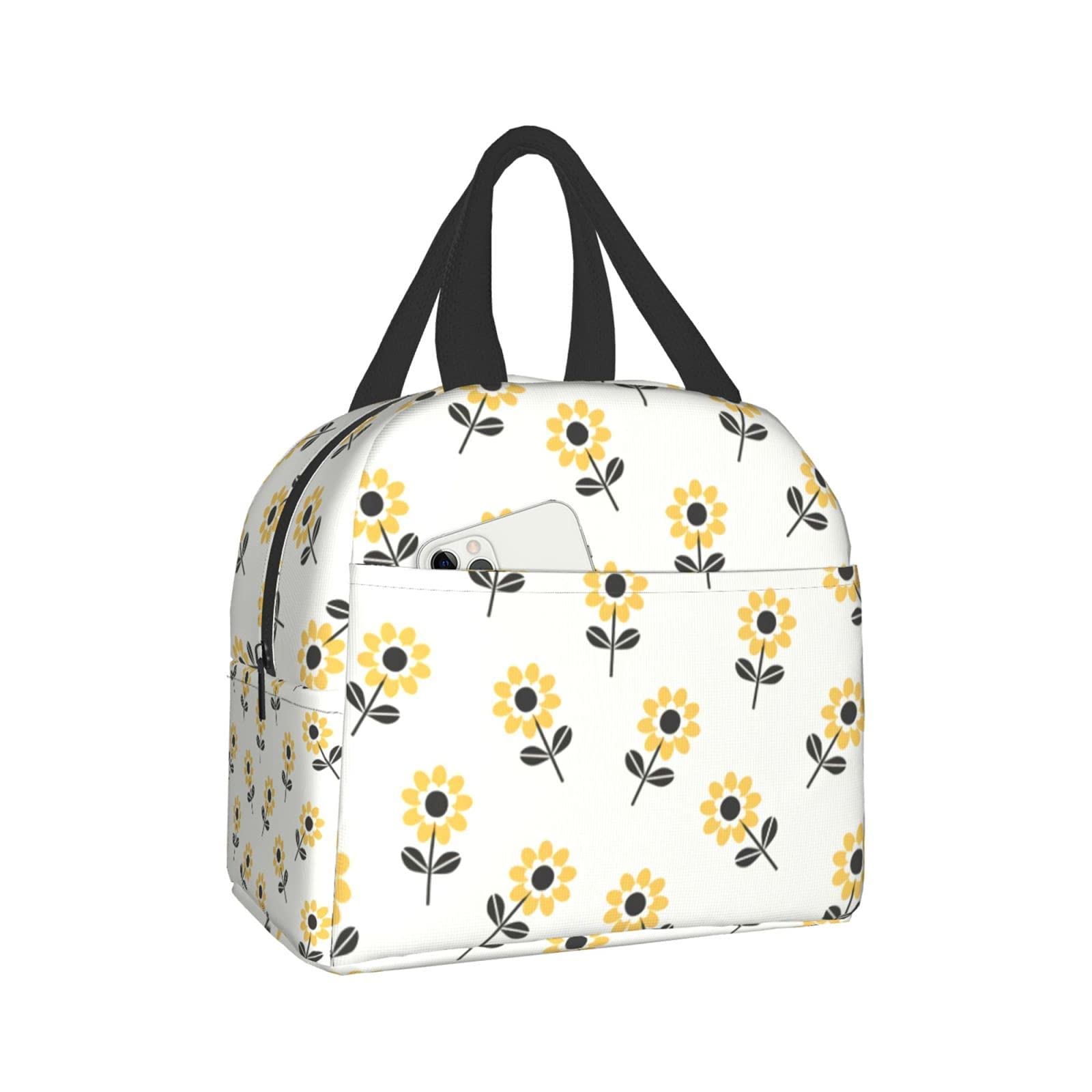 Insulated Lunch Bag with Cute Yellow Daisies - Reusable Tote Lunch Box for Women & Men - Perfect for School, Work, Travel, Outdoor Picnics & Daily Commute