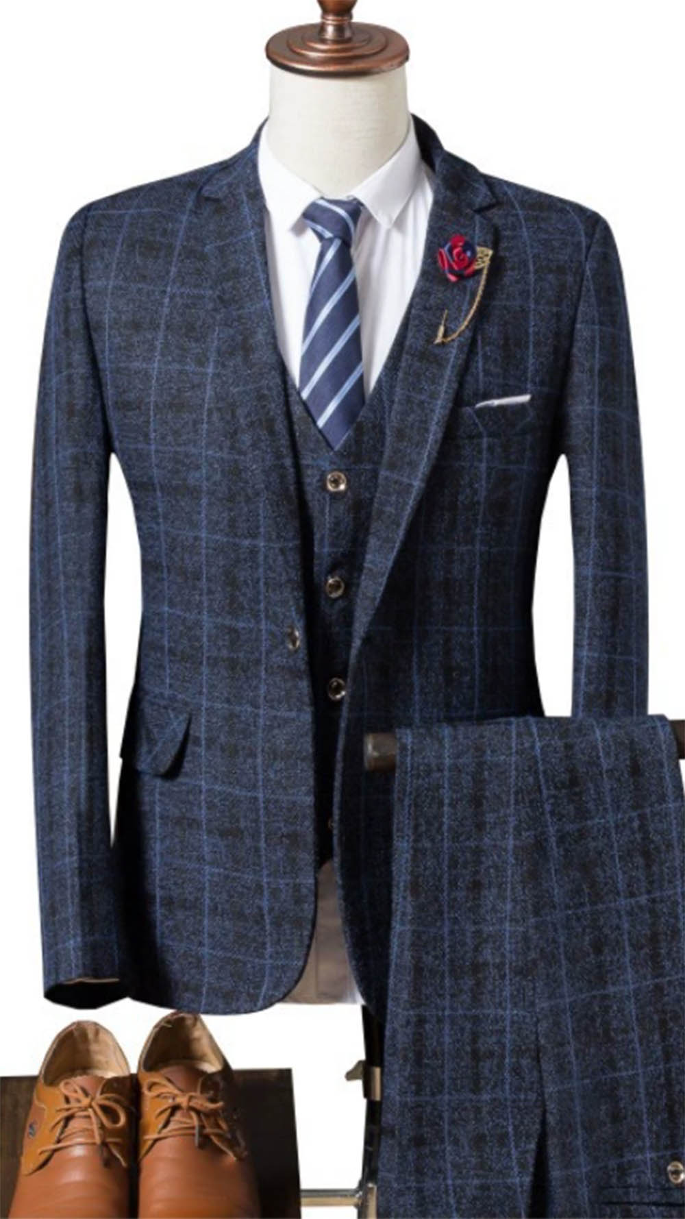 Navy Blue Plaid 3-Piece Men's Wedding Suit CS5226 - Perfect for Formal Events, Prom, and Groom Attire