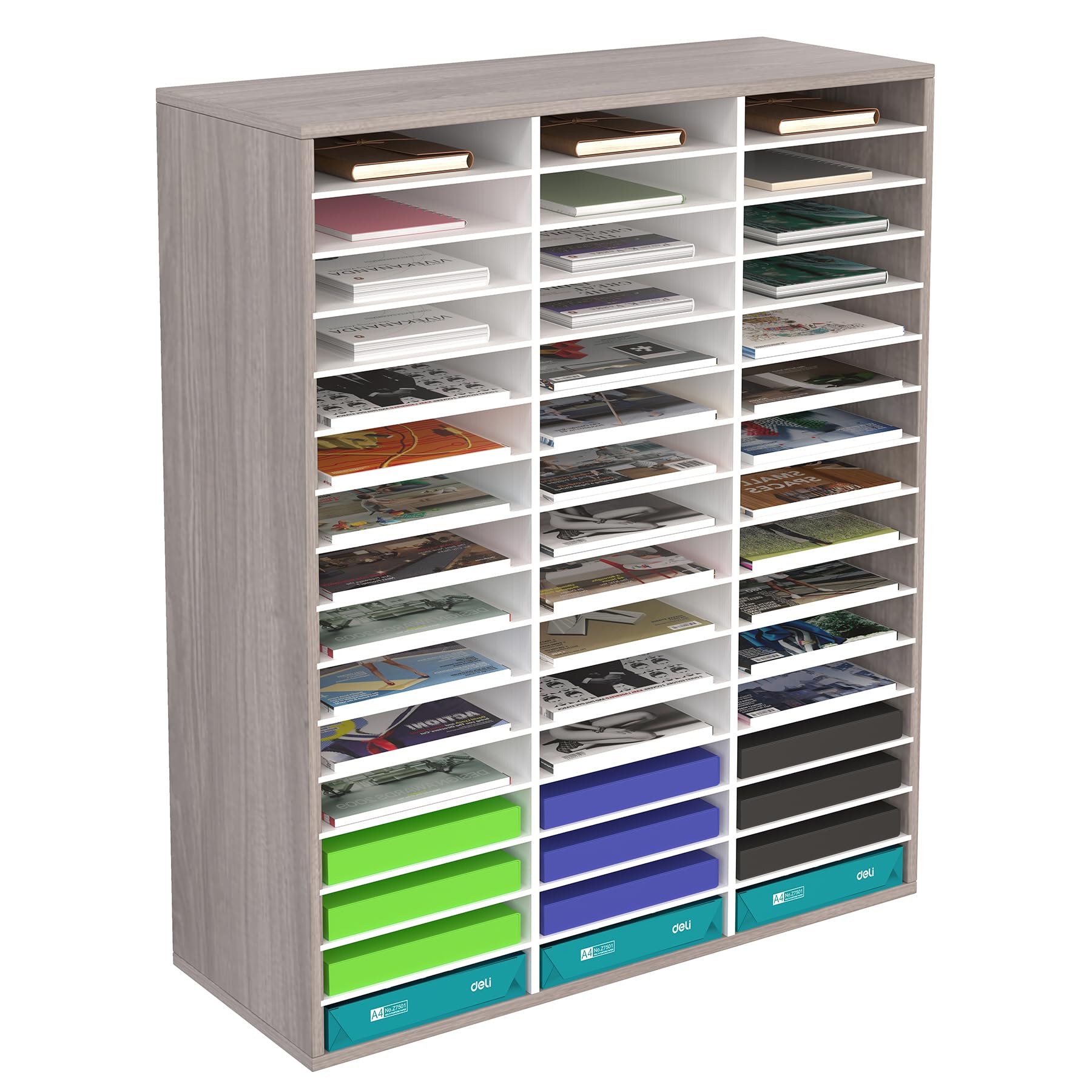 TQVAI Wooden Literature Organizer - 48 Slots Adjustable File & Mail Sorter, Paper Storage Organizer for Office, Classroom, Home - Retro Grey/White - Perfect for Mail Sorting, Document Filing & Desk Organization