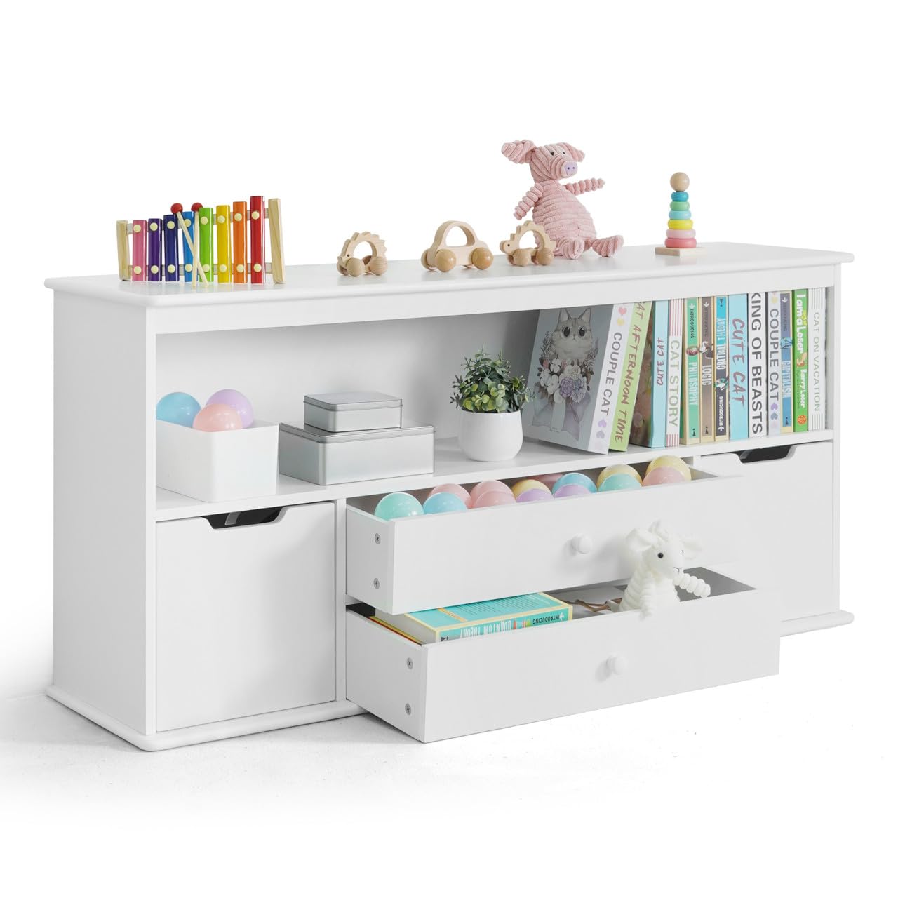 4-Drawer White Toy Storage Organizer with Fence Wire Design - Kids Bookshelf for Books, Toys & Room Organization - Perfect for Toddlers' Playroom, Bedroom & Nursery Storage Solutions