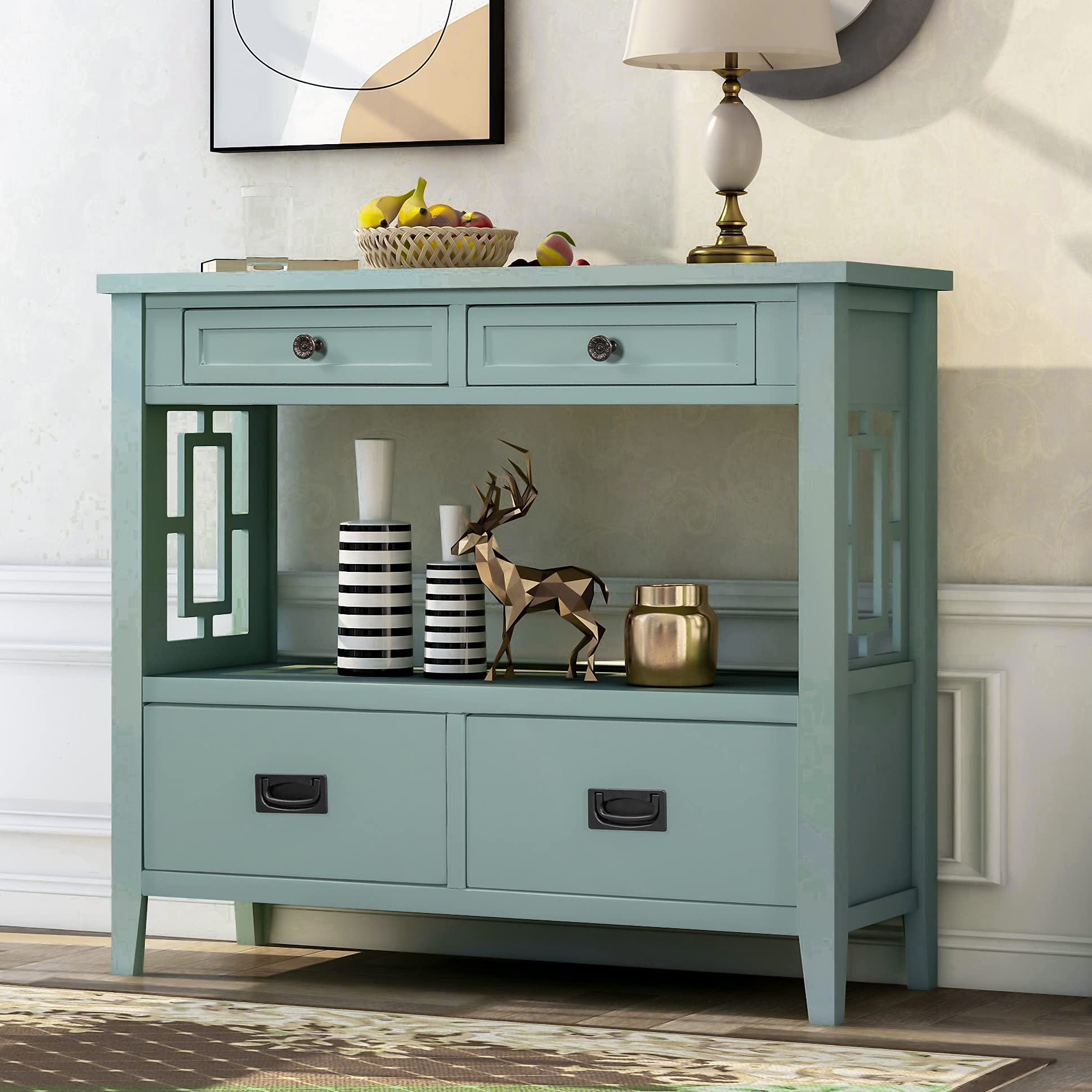 Rustic Farmhouse Wood Console Table 36-Inch - Entryway Sofa Table with 2 Drawers & Storage Shelf - Perfect for Living Room, Bedroom, Hallway & Kitchen Decor (Distressed Green) - Ideal for Small Space Organization & Farmhouse Style Home Décor