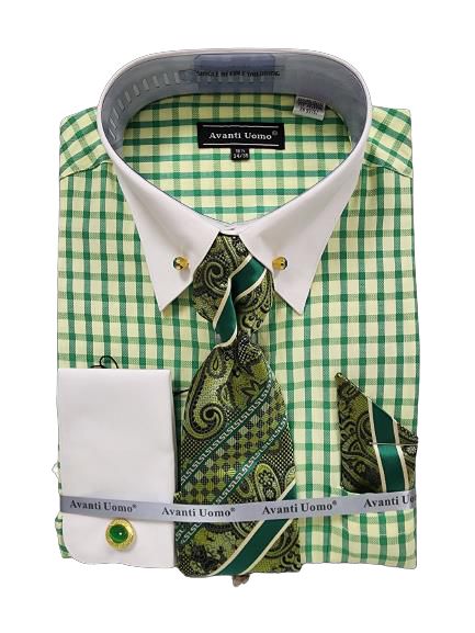 AVANTI UOMO Men's Window Pane White Cuff Dress Shirt with Stone Collar Bar DN128M Green - Perfect for Business, Office, and Formal Events