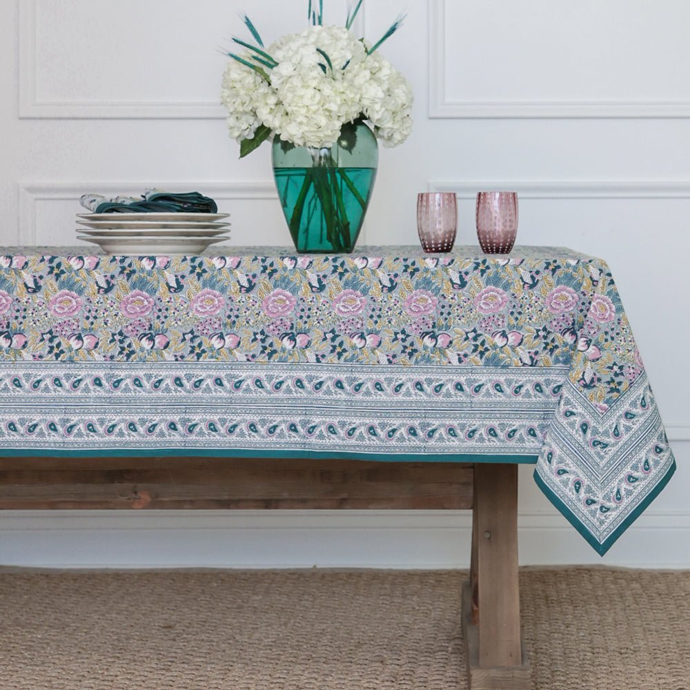 Premium Pomegranate Garden Teal & Lilac Tablecloth - Waterproof & Wrinkle-Free - Perfect for Outdoor Picnics, Dinner Parties & Holiday Decor