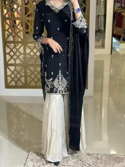 Black & Cream Sequins Moti Work Sharara Palazzo Suit Set for Women | Elegant Indian Ethnic Wear for Weddings, Parties & Festive Occasions