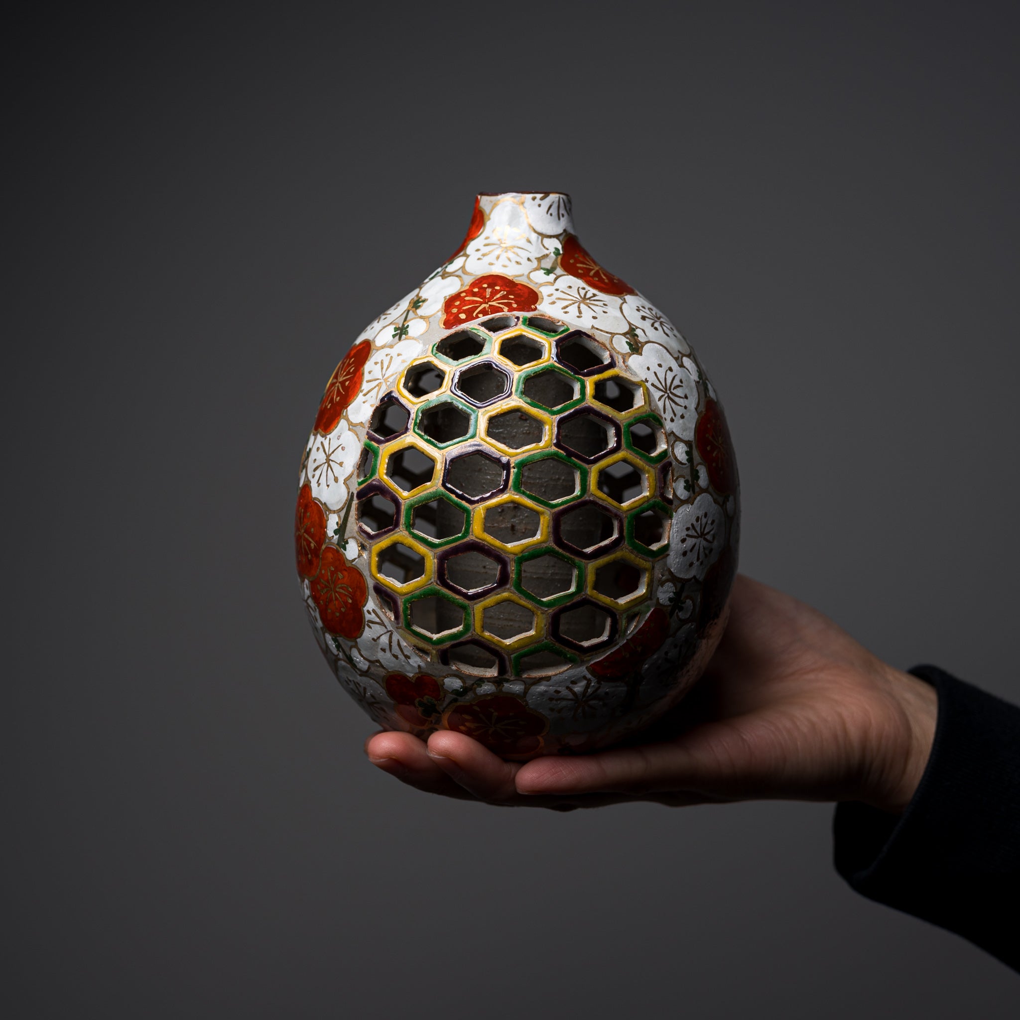 Handmade Kyo Kiyomizu Ware Ceramic Vase - Sukashi Plum Design by Shunzan Kiln | Elegant Japanese Flower Vase for Home Decor, Wedding Centerpiece & Gift