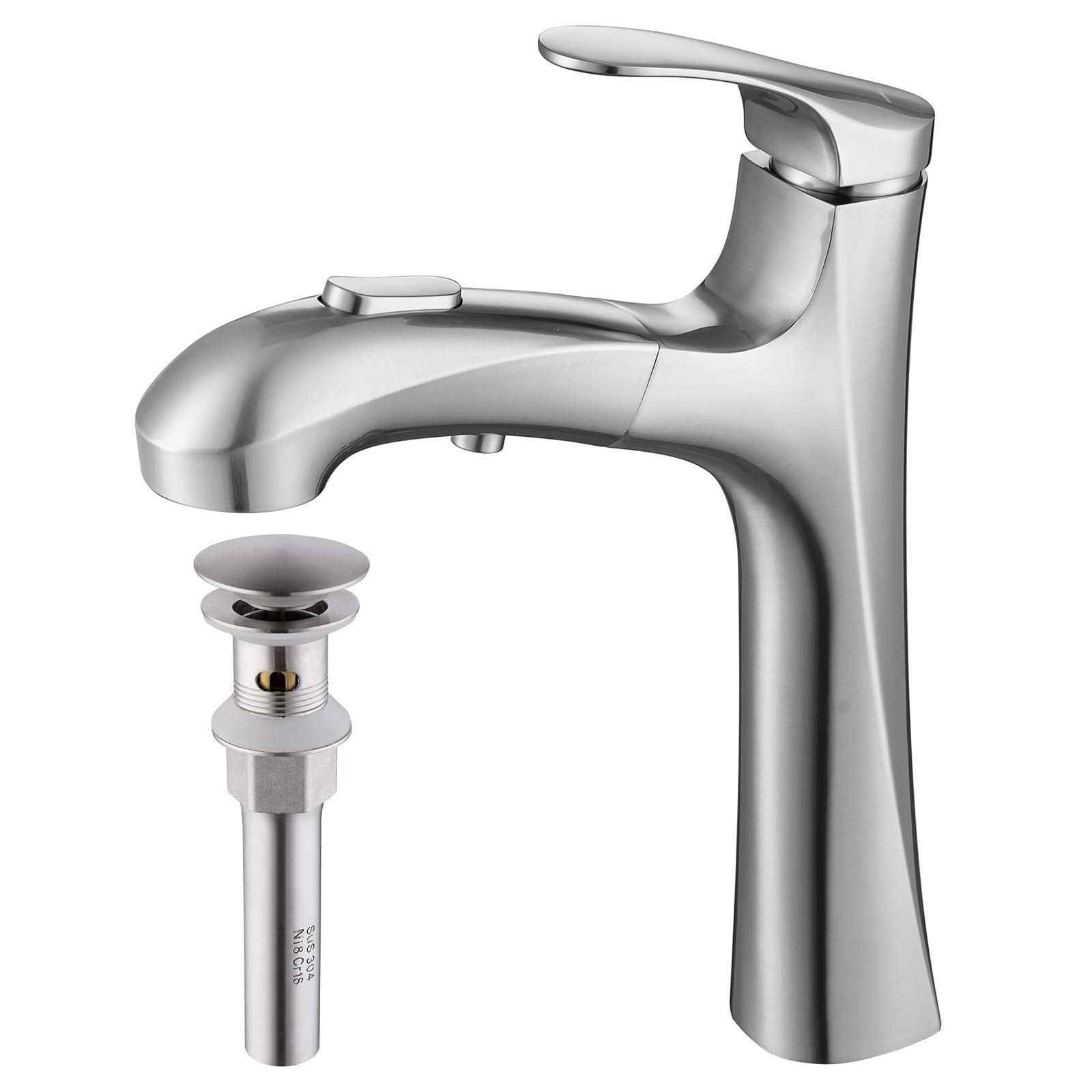 MIAOHUI Brushed Nickel Vessel Sink Faucet with Pull Out Sprayer & Pop Up Drain - Tall Bathroom Faucet for Vessel Sinks - Perfect for Modern Bathroom Vanities and Powder Rooms