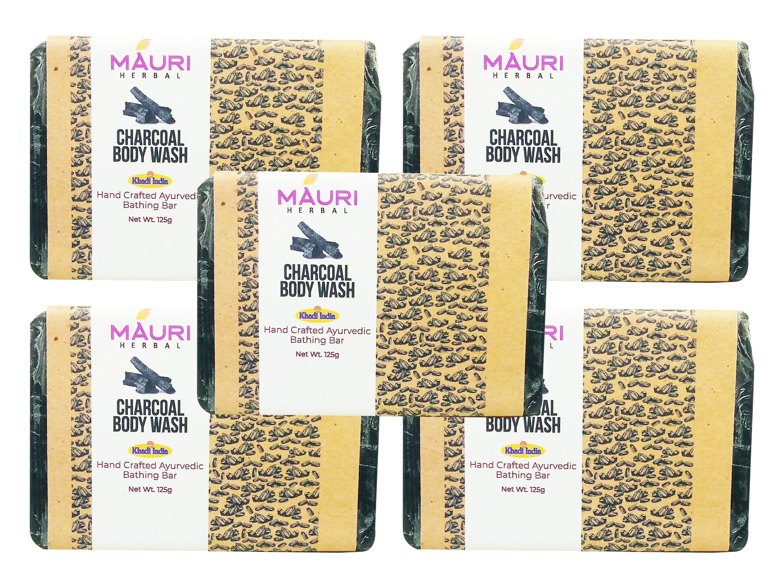 Khadi Mauri Charcoal Soap - Natural Detoxifying & Exfoliating Face & Body Cleanser (Pack of 5, 625g) for Acne-Prone & Oily Skin - Deep Cleansing & Pore Minimizing