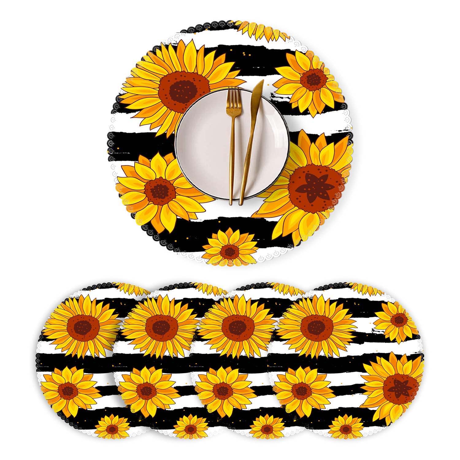 Round Heat-Resistant Washable Polyester Placemats Set of 4 - Sunflower Black & White Stripes for Kitchen & Dining Table Decor | Perfect for Everyday Meals, Dinner Parties & Holiday Gatherings