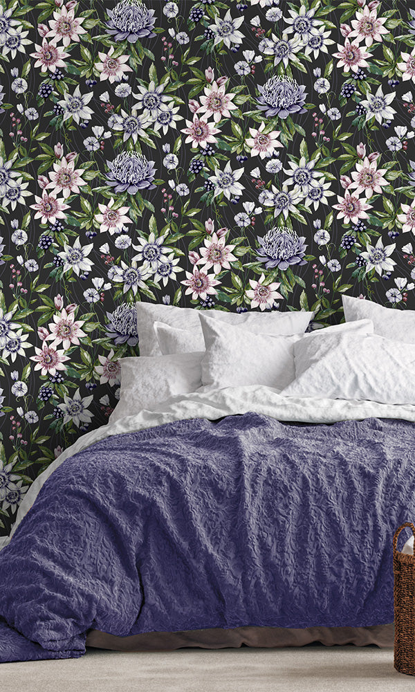 Black Summer Floral Wallpaper R7371 - Peel and Stick Removable Wallpaper for Bedroom, Living Room, Nursery Decor | Waterproof & Easy to Install
