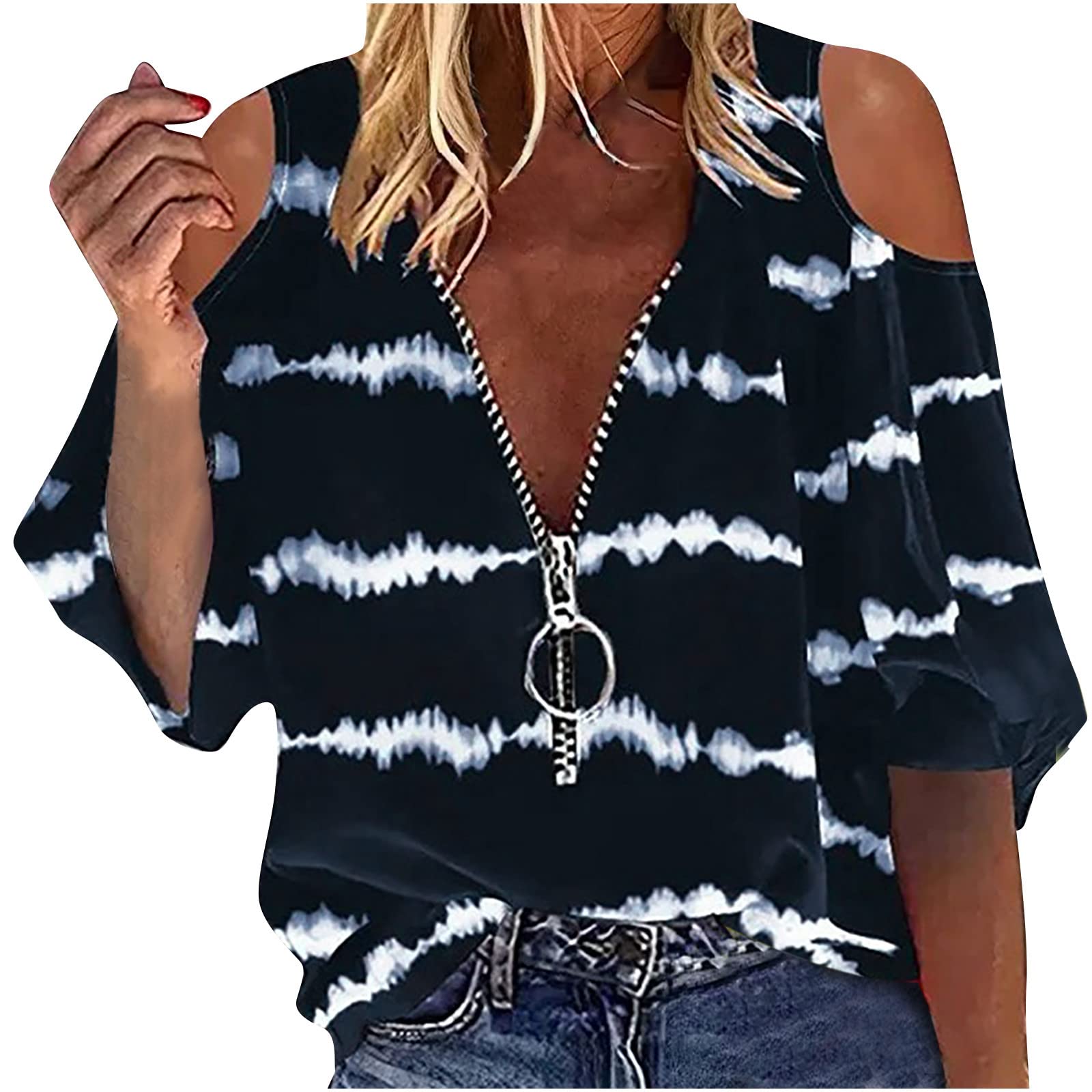 Maqroz Women's Sexy Cold Shoulder Tie Dye Printed Blouse - Half Sleeve Loose Fit Casual Top with Zipper Detail | Perfect for Date Night, Girls Night Out & Summer Fashion