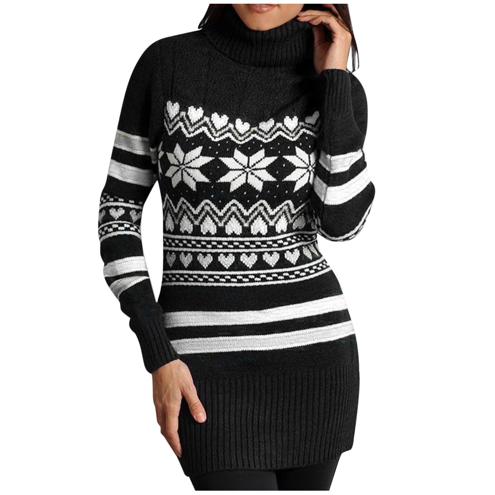 Women's Christmas Turtleneck Sweater Dress - Long Sleeve Snowflake Striped Knit Jumper for Holiday Parties, Family Gatherings & Maternity Wear