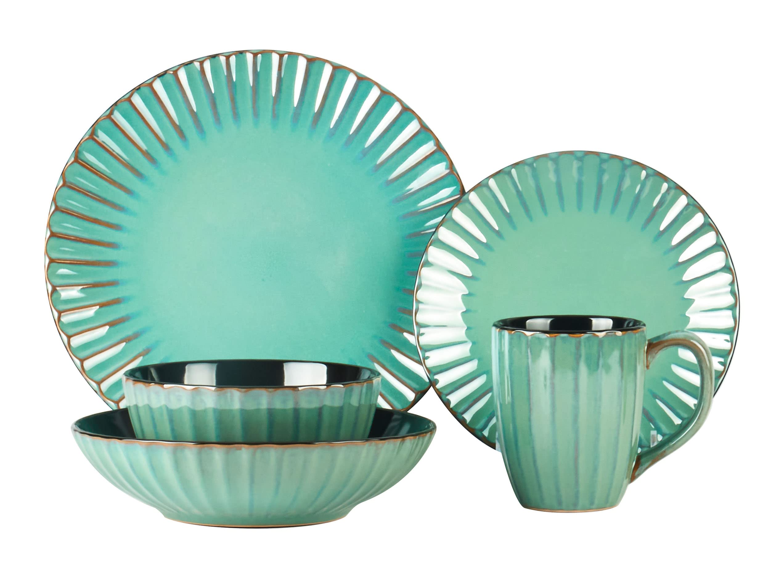 Osita Strip Stoneware 20-Piece Dinnerware Set - Reactive Glaze Golden Green - Elegant Dinner Plates, Bowls & Mugs - Perfect for Family Dinners, Entertaining & Restaurant-Style Dining