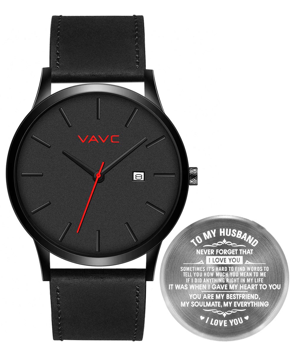 VAVC Men's Black Leather Analog Dress Watch - Quartz Movement, Minimalist Black Dial - Perfect for Business, Casual & Formal Occasions
