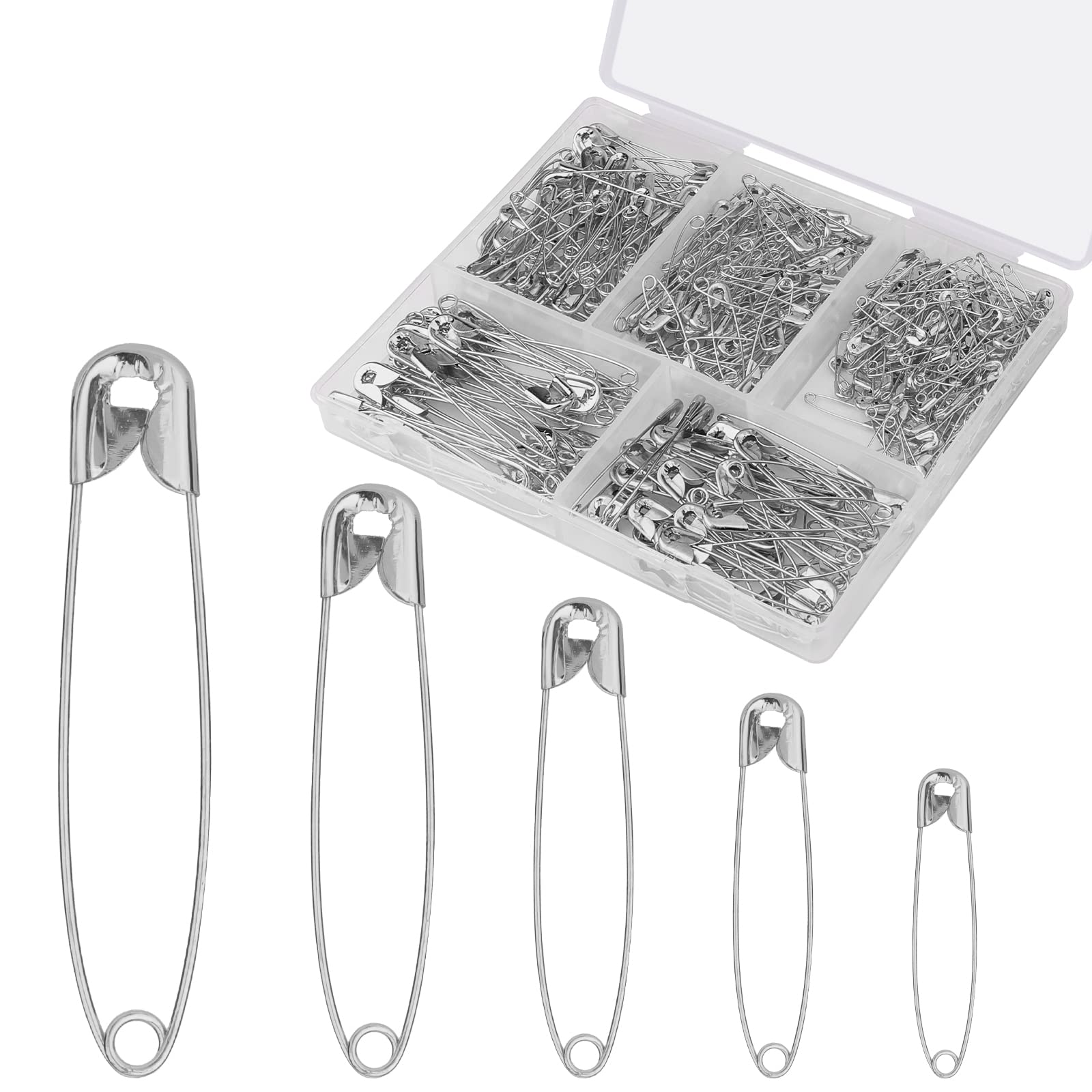 KINBOM 350 Pcs Assorted Size Safety Pins (22mm/32mm/38mm/45mm/55mm) - Silver Metal Pins for Sewing, Jewelry Making, DIY Crafts & Clothing Repair - Perfect for Art Projects, Emergency Fixes & Fashion Accessories
