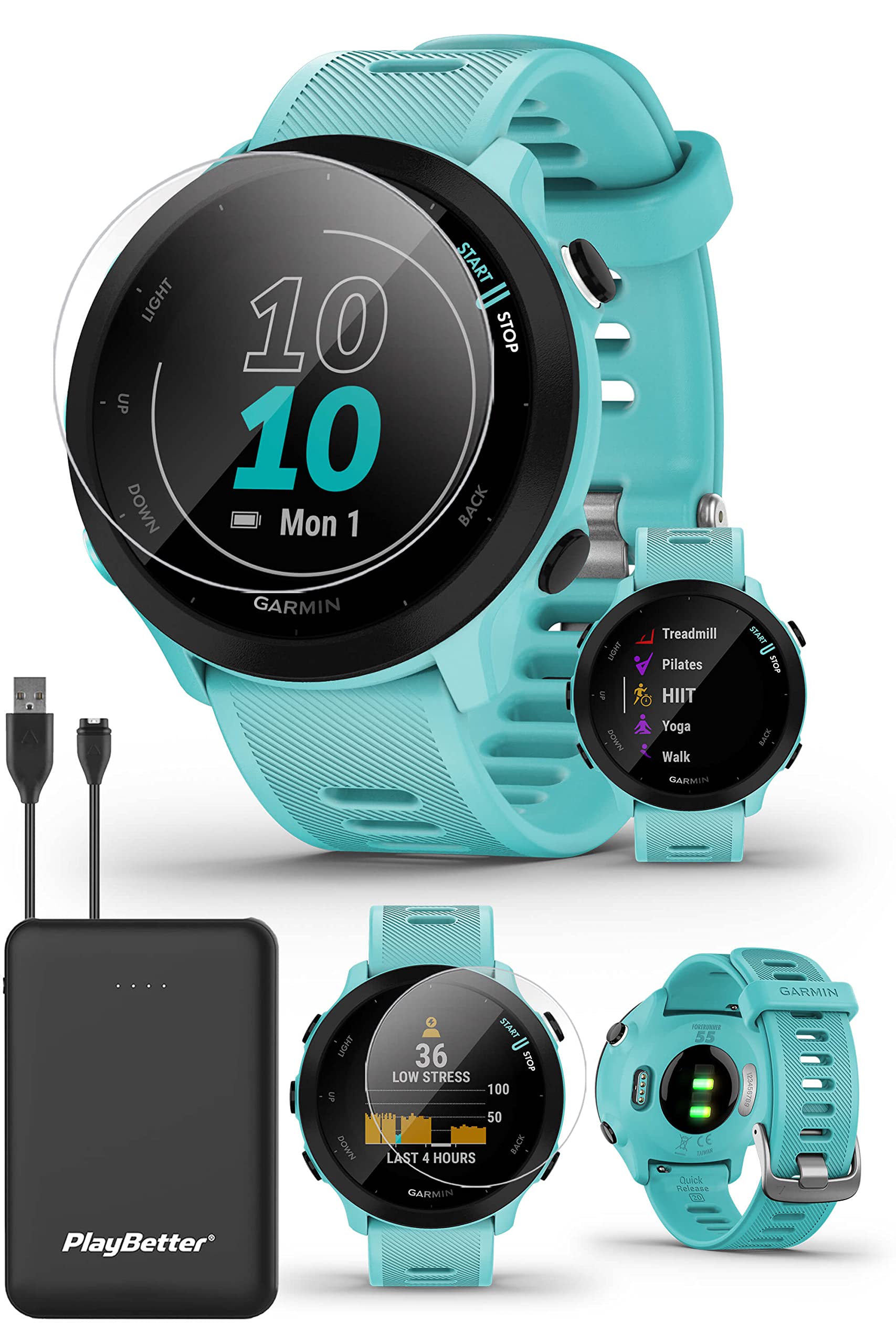 PlayBetter Garmin Forerunner 55 (Aqua) GPS Running Watch - Heart Rate Monitor with Time, Pace & Speed Tracking | Beginner Friendly Fitness Tracker | Includes Tempered Glass Protector & Portable Charger | Perfect for Jogging, Marathon Training & Daily Activity Monitoring
