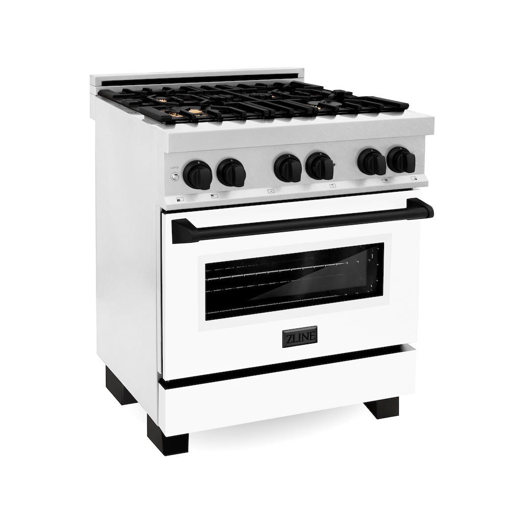 ZLINE Autograph Edition 30-inch 4.0 cu. ft. Dual Fuel Range - 4 Burner Gas Cooktop & Electric Convection Oven - Satin Stainless Steel with White Matte Door & Black Accents (RASZ WM 30 MB) - Perfect for Modern Kitchens & Professional Home Chefs