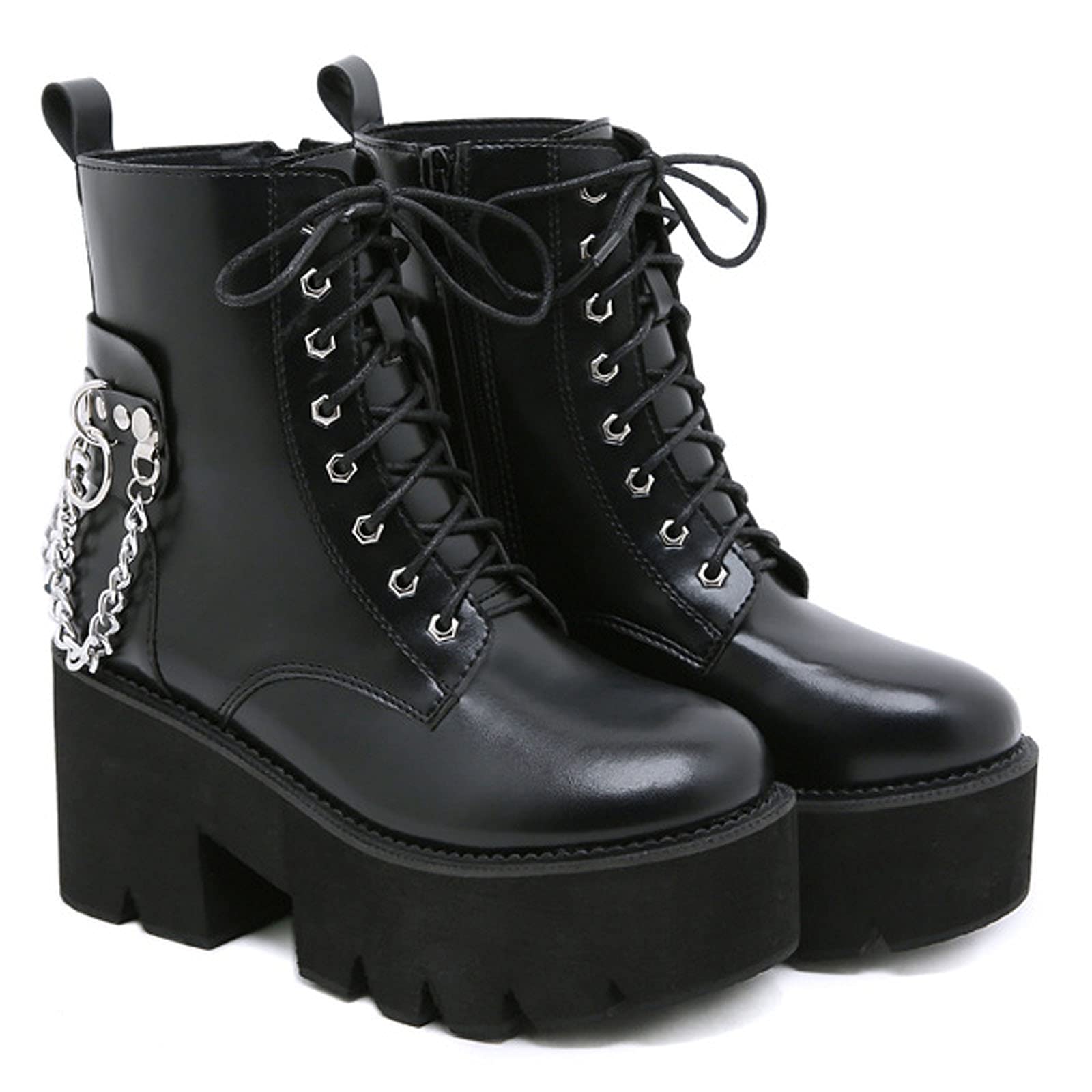 CYNLLIO Women's Platform Combat Boots - Gothic Chunky Heel Ankle Boots with Chain Detail, Black Motorcycle Boots for Riding & Street Fashion