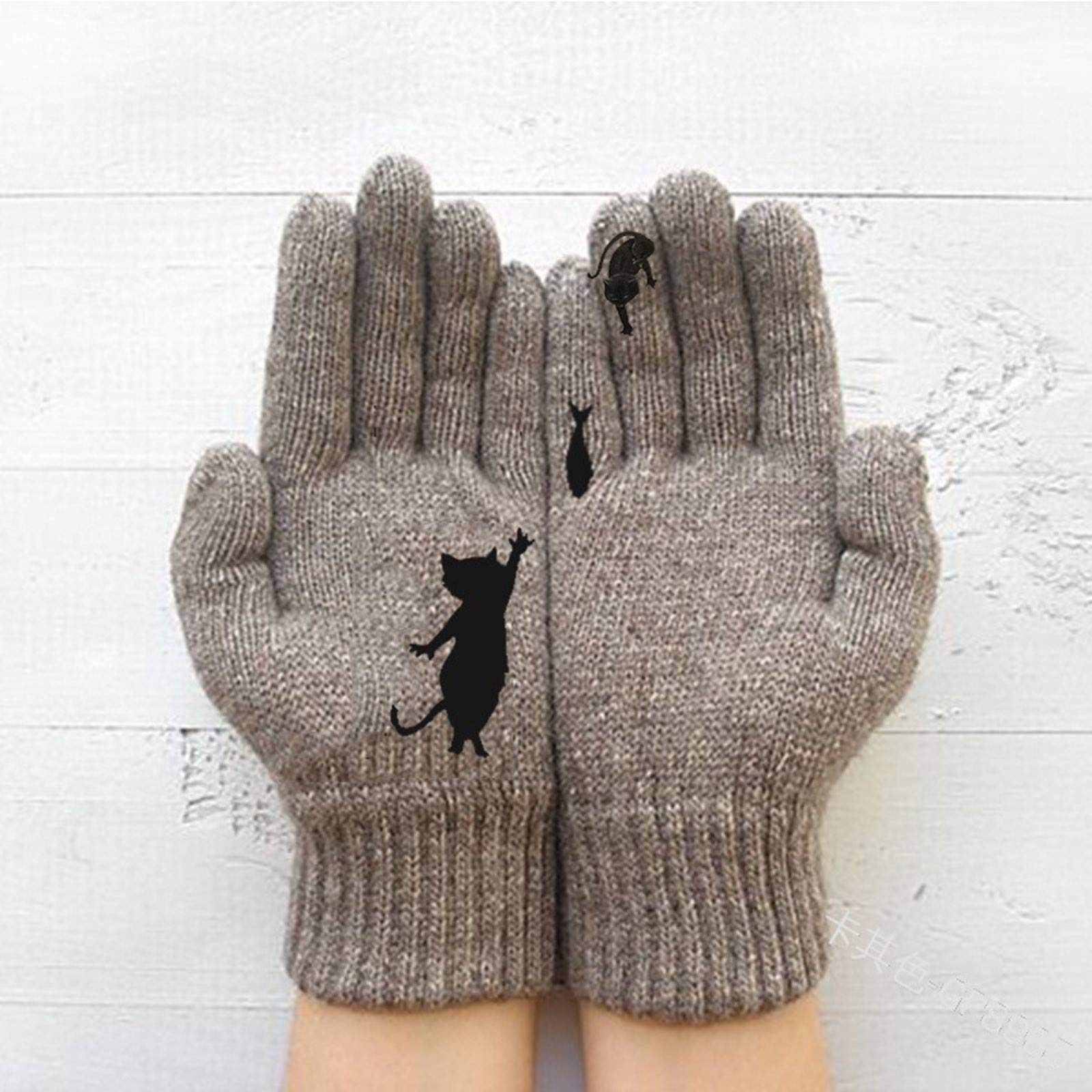 Vacger Women's Winter Gloves - Warm Printed Wool Mittens for Autumn & Cold Weather - Cozy Cat Pattern Outdoor Gloves for Ladies (Perfect for Hiking, Skiing & Daily Use)