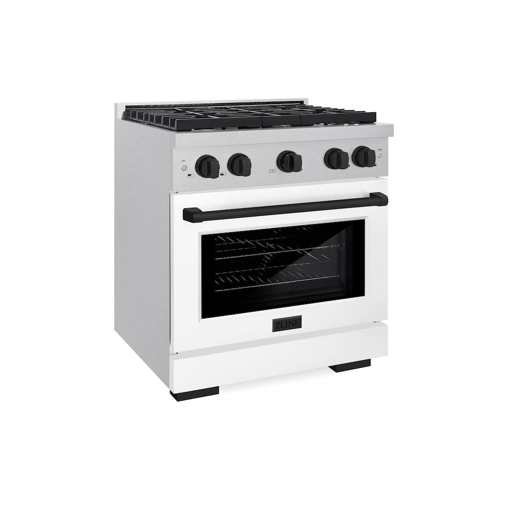ZLINE Autograph Edition 30-inch Dual Fuel Range - 4.2 cu. ft. Capacity, 4-Burner Gas Cooktop & Electric Convection Oven - Satin Stainless Steel with White Matte Door & Matte Black Accents (SDRSZ WM 30 MB) - Perfect for Modern Kitchens, Home Chefs & Gourmet Cooking