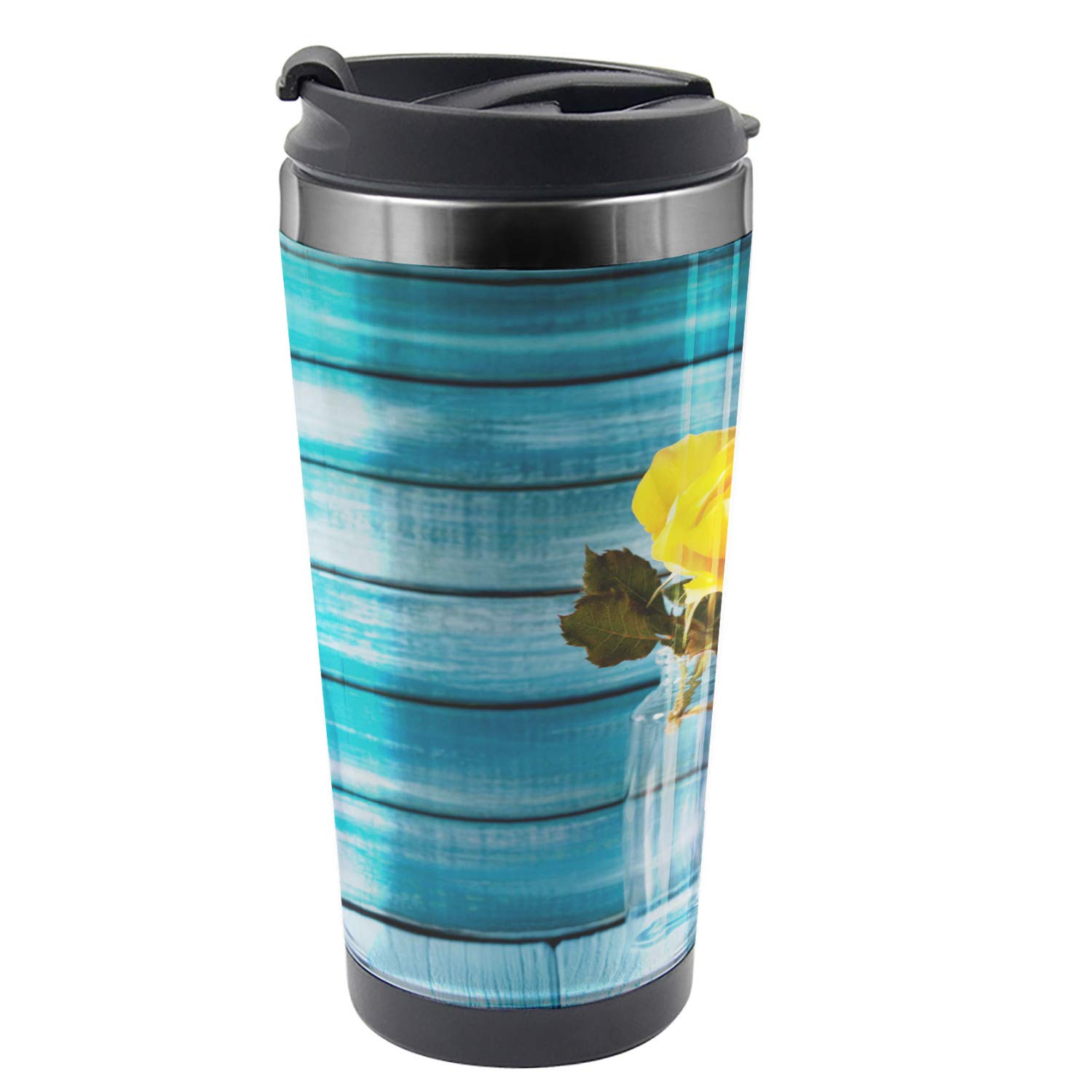Ambesonne 16 oz Stainless Steel Travel Mug with Realistic Blooming Yellow Rose Design - Insulated Thermal Cup for Coffee, Tea & Hot Drinks - Perfect for Office, Commute & Outdoor Use (Petrol Blue & Yellow)