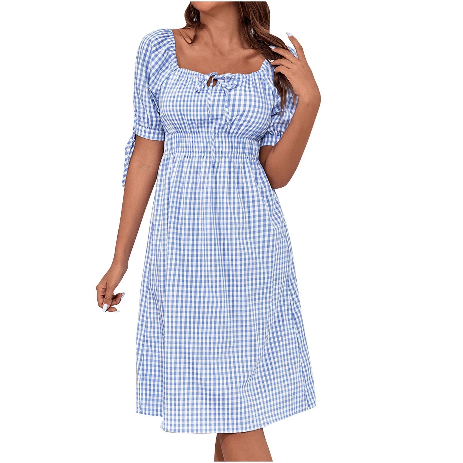 Elegant Women's Plaid Summer Dress - Square Neck, Short Sleeve, Knee Length Mini Dress with Lacing & Empire Waist | Perfect for Casual Outings, Picnics & Summer Parties